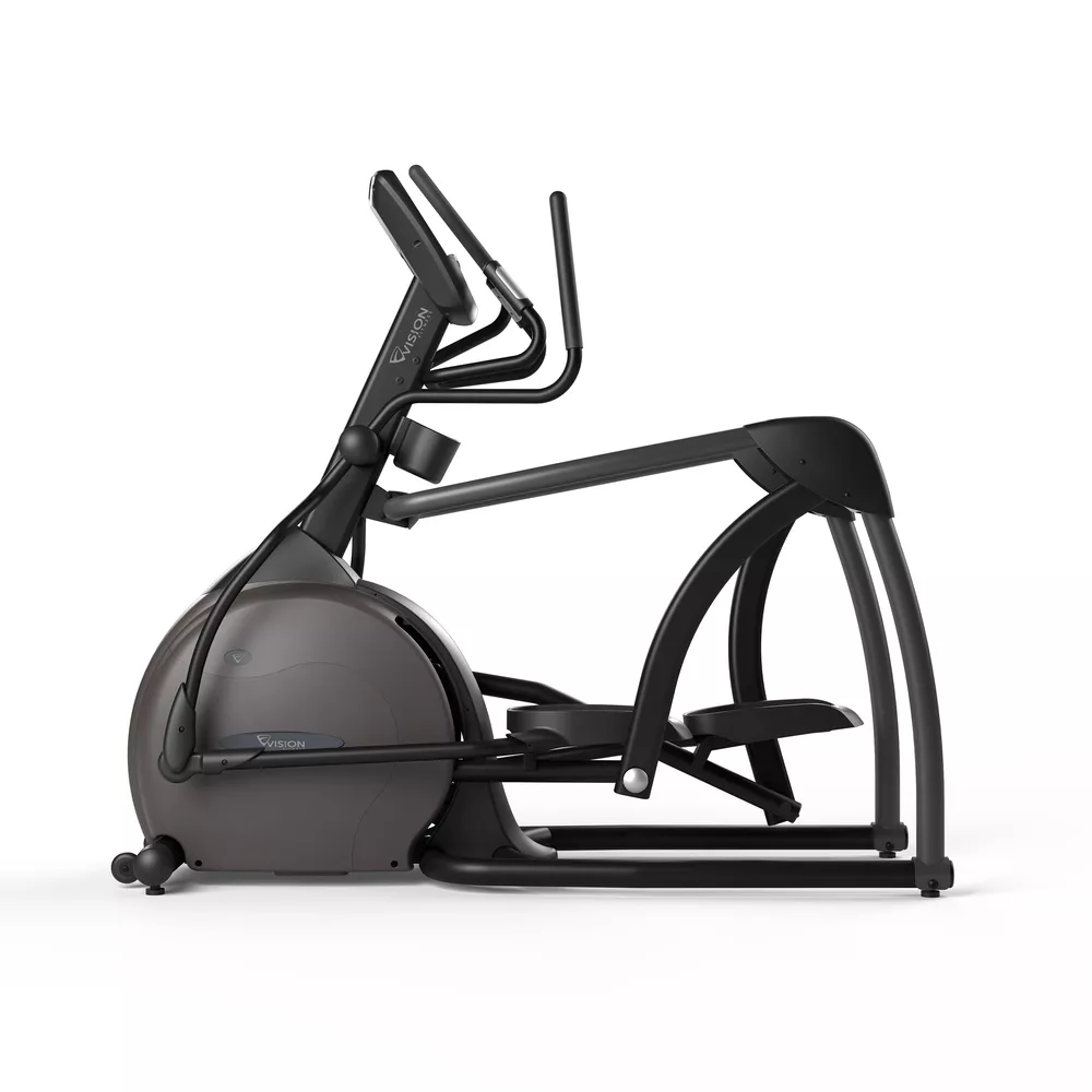 Een elliptische machine, met een Vision Fitness logo, op een witte achtergrond.