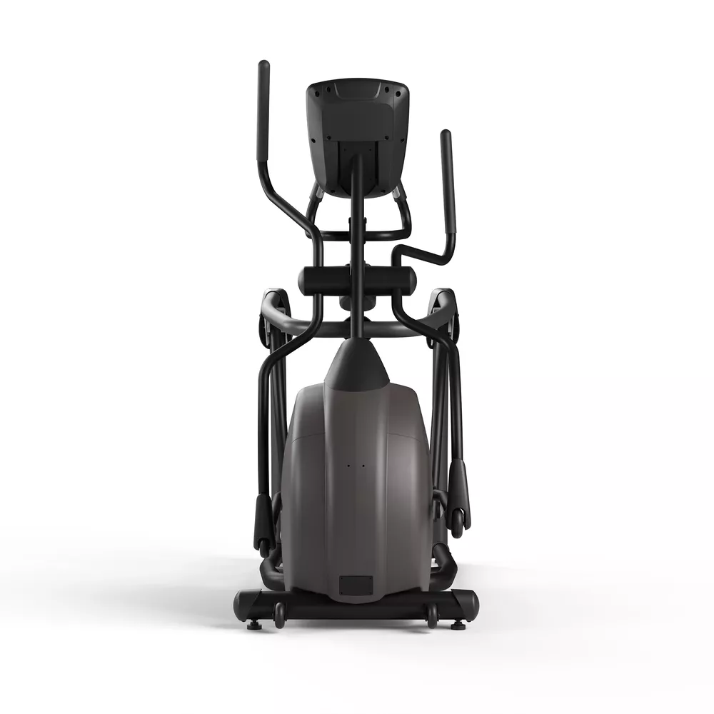 Een elliptische machine van achteren. Toont de handgrepen en het frame van de machine.