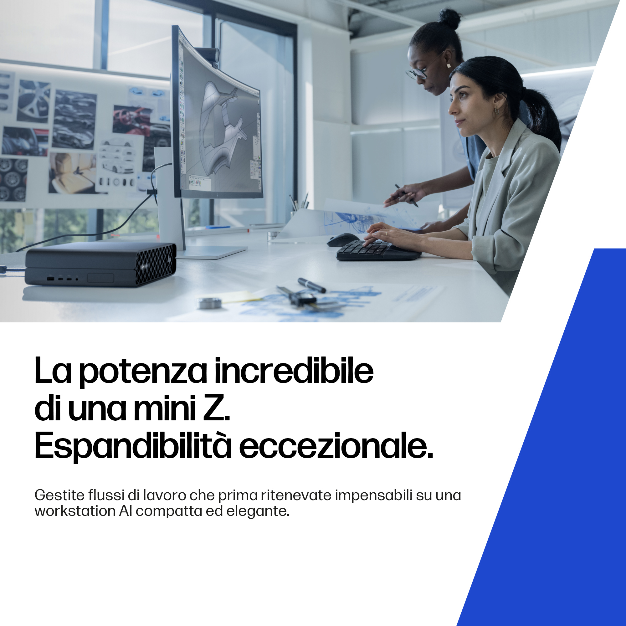 Due donne guardano un monitor di computer che mostra un progetto CAD. Il testo recita: 'L'incredibile potenza di un mini Z. Espandibilità eccezionale'.