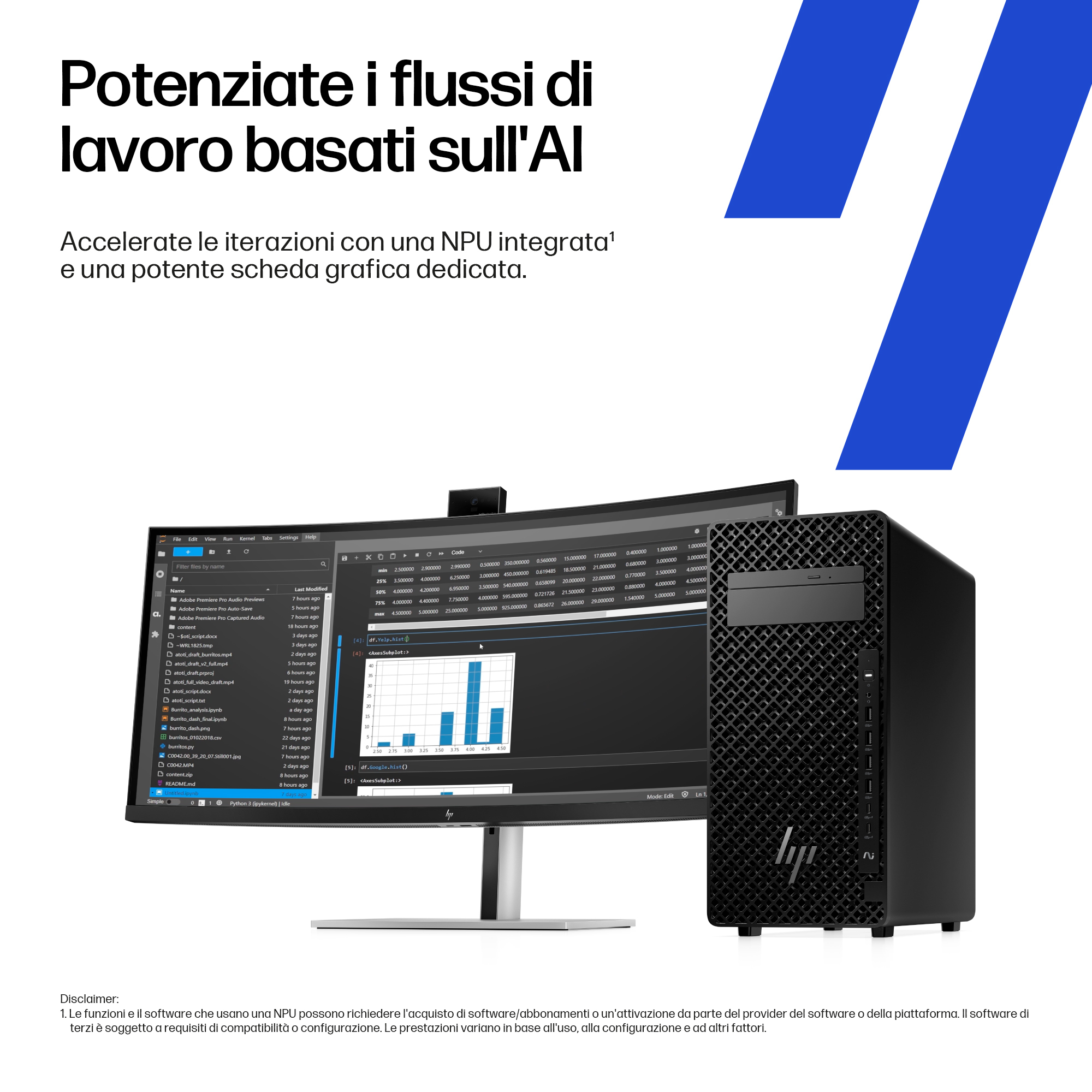 Un'impostazione desktop con un monitor curvo e un computer desktop nero. Il monitor mostra un'interfaccia software.