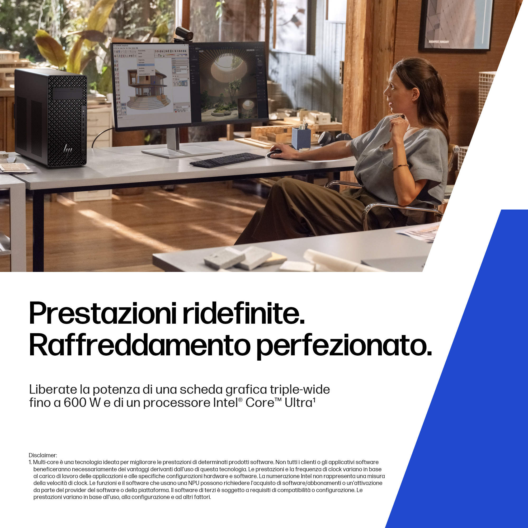 Una donna che lavora a una scrivania con un monitor e una torre per computer nera. Il monitor mostra un'interfaccia.