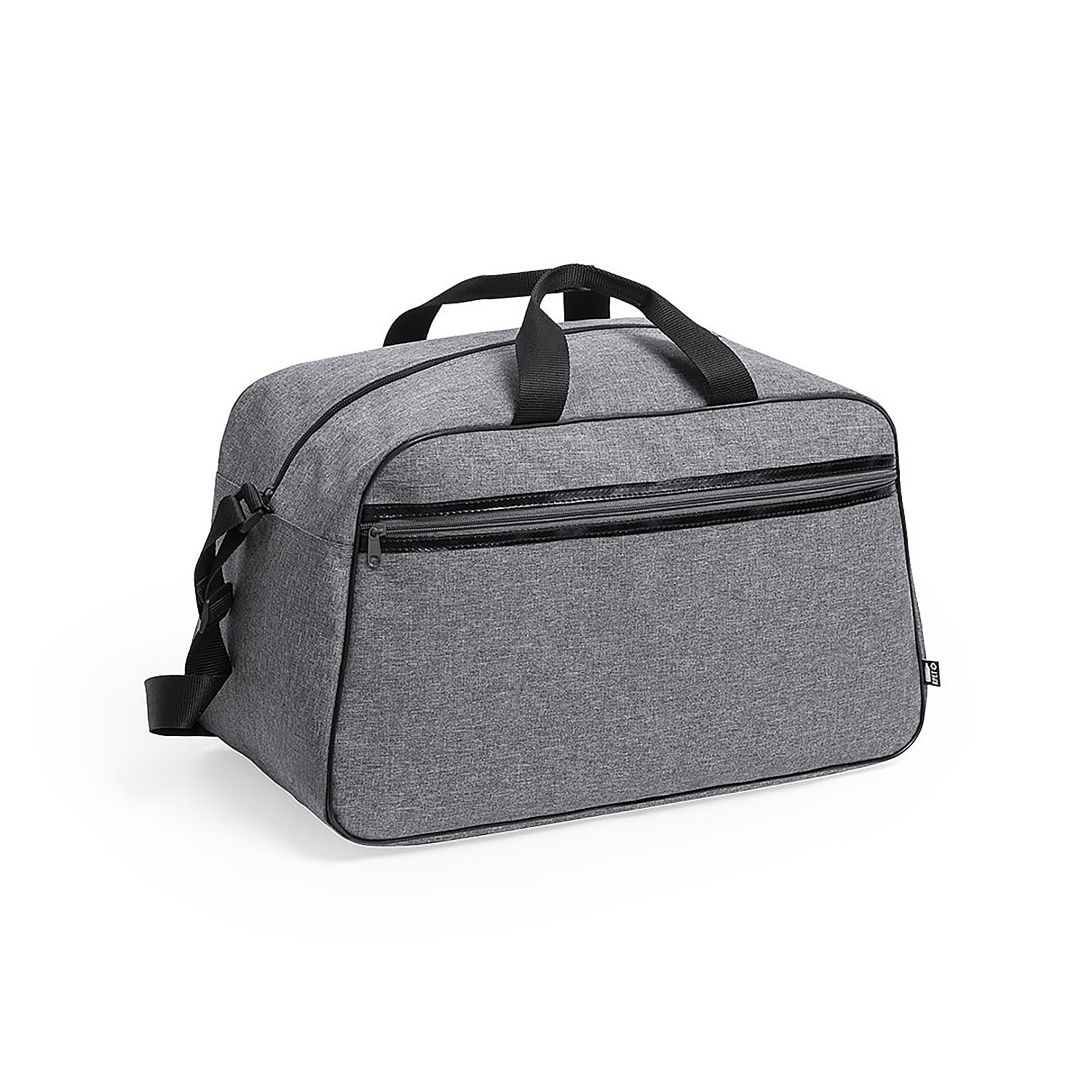 Bolso de lona rectangular gris. Tiene dos asas y una correa para el hombro. Hay un bolsillo frontal con cremallera.
