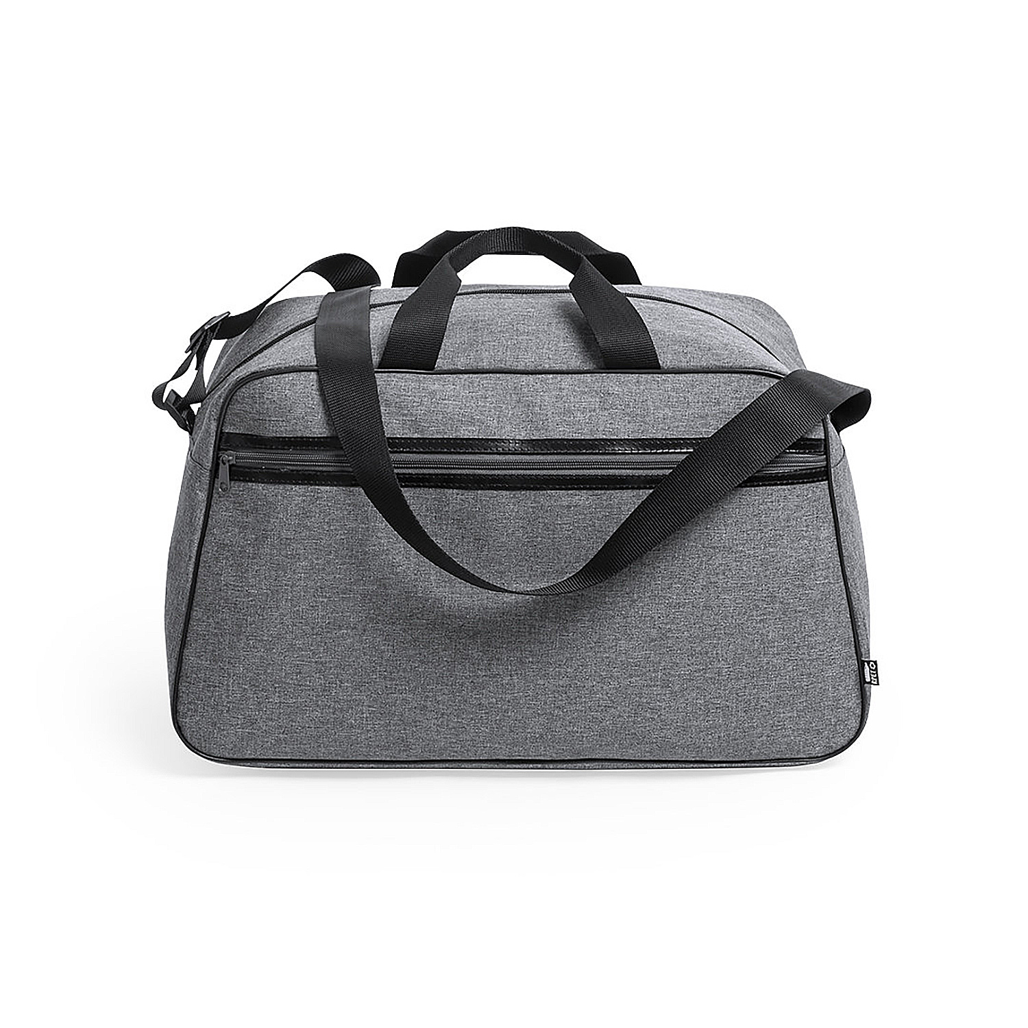Una bolsa de lona gris con asas y correa para el hombro negras. Las cremalleras son visibles en la bolsa.