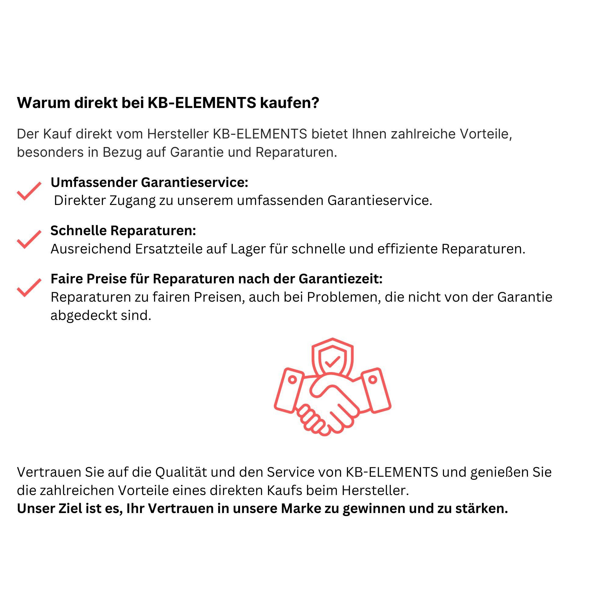 Text mit Vorteilen des Kaufs bei KB-ELEMENTS. Rote Häkchen, Hände mit Schild und Text.