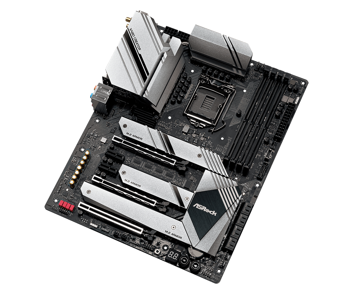 Scheda madre nera e argento in un angolo. Include socket CPU, slot RAM e slot di espansione multipli.