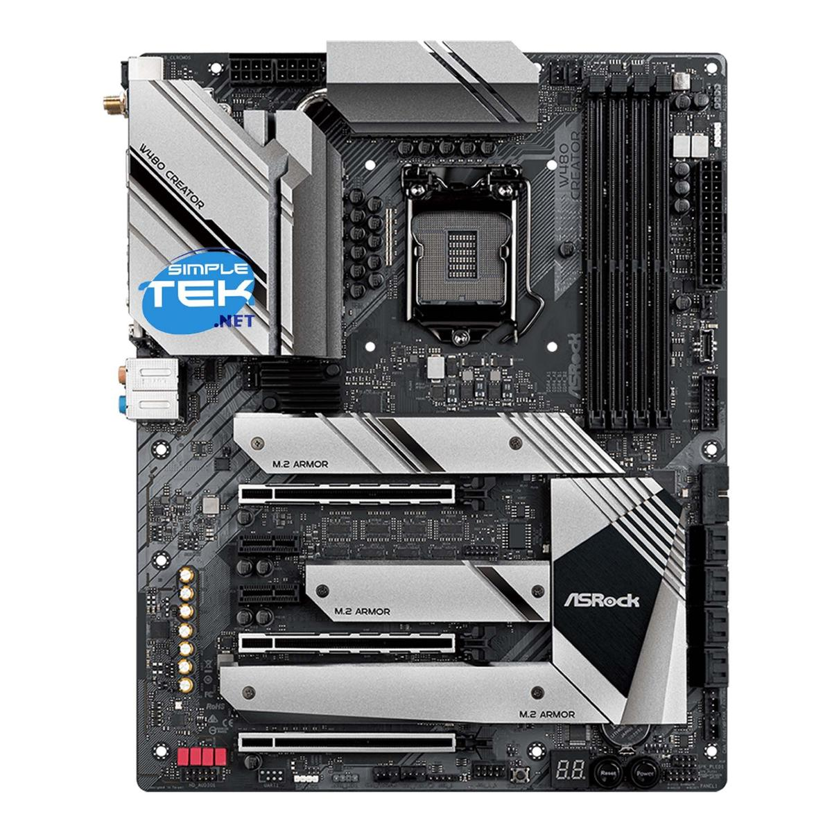 Una scheda madre nera e argento con vari slot e connettori, inclusi M.2 Armor e il marchio ASRock.