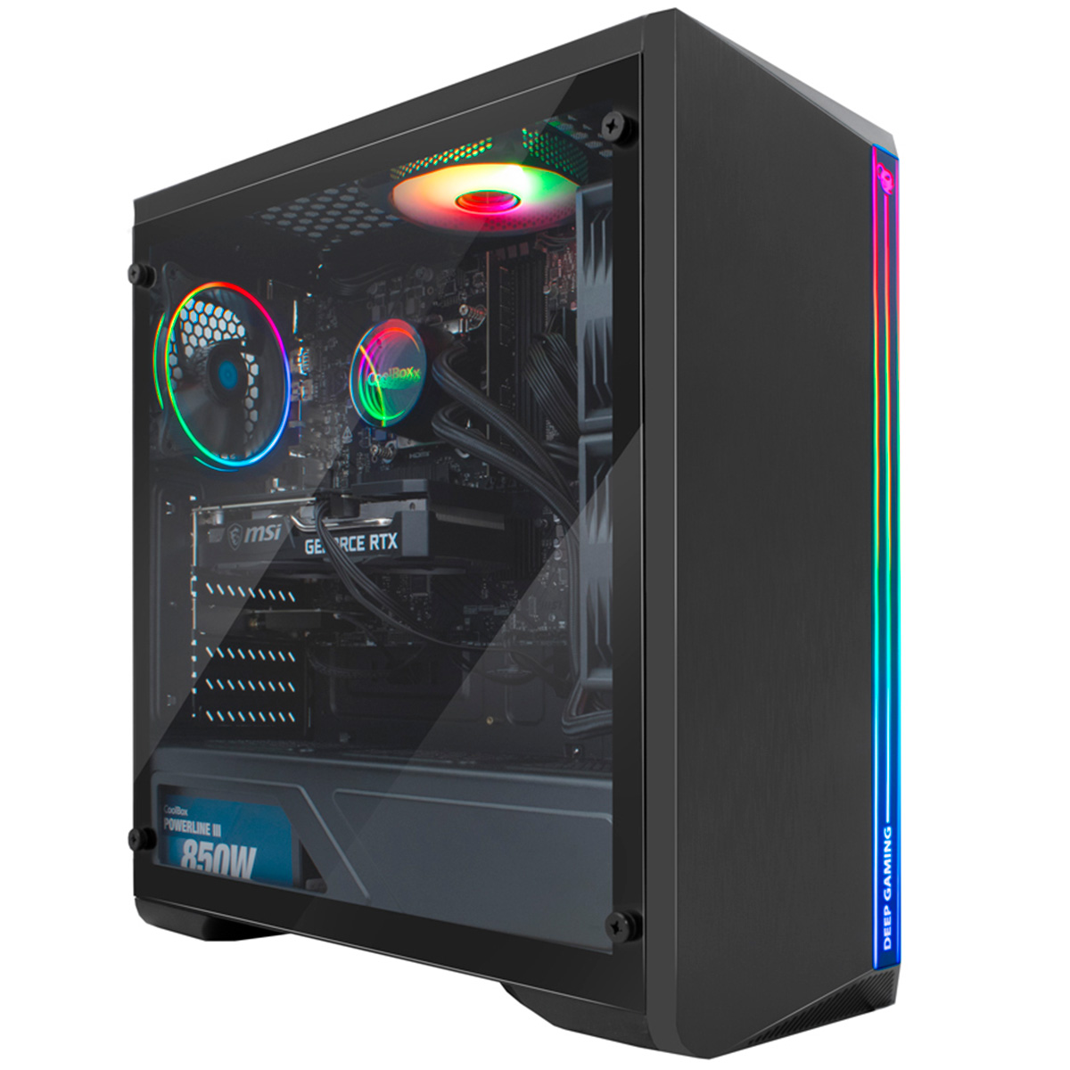Una caja de PC Deep Gaming negra con un panel lateral de vidrio y iluminación RGB en el interior.