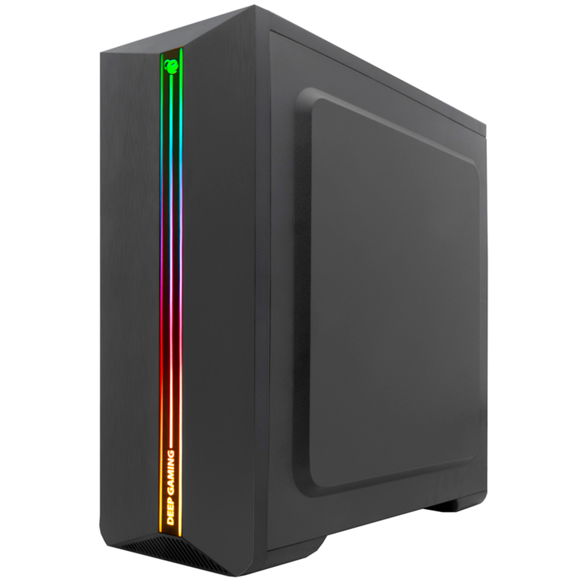Una caja de PC Deep Gaming negra con una tira de luz RGB vertical en el panel frontal.