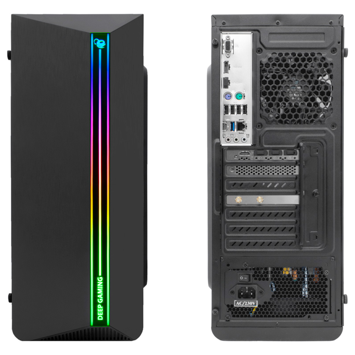 Una caja de computadora negra con iluminación RGB en la parte delantera y una vista trasera con varios puertos.