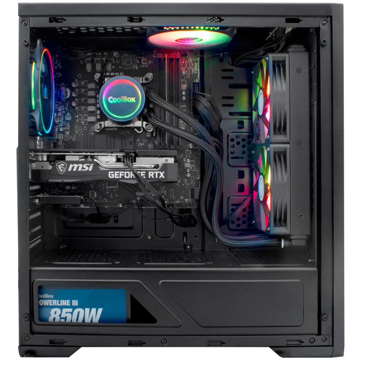 Vista interior de PC gaming, mostrando placa base, gráfica y sistema de refrigeración RGB.