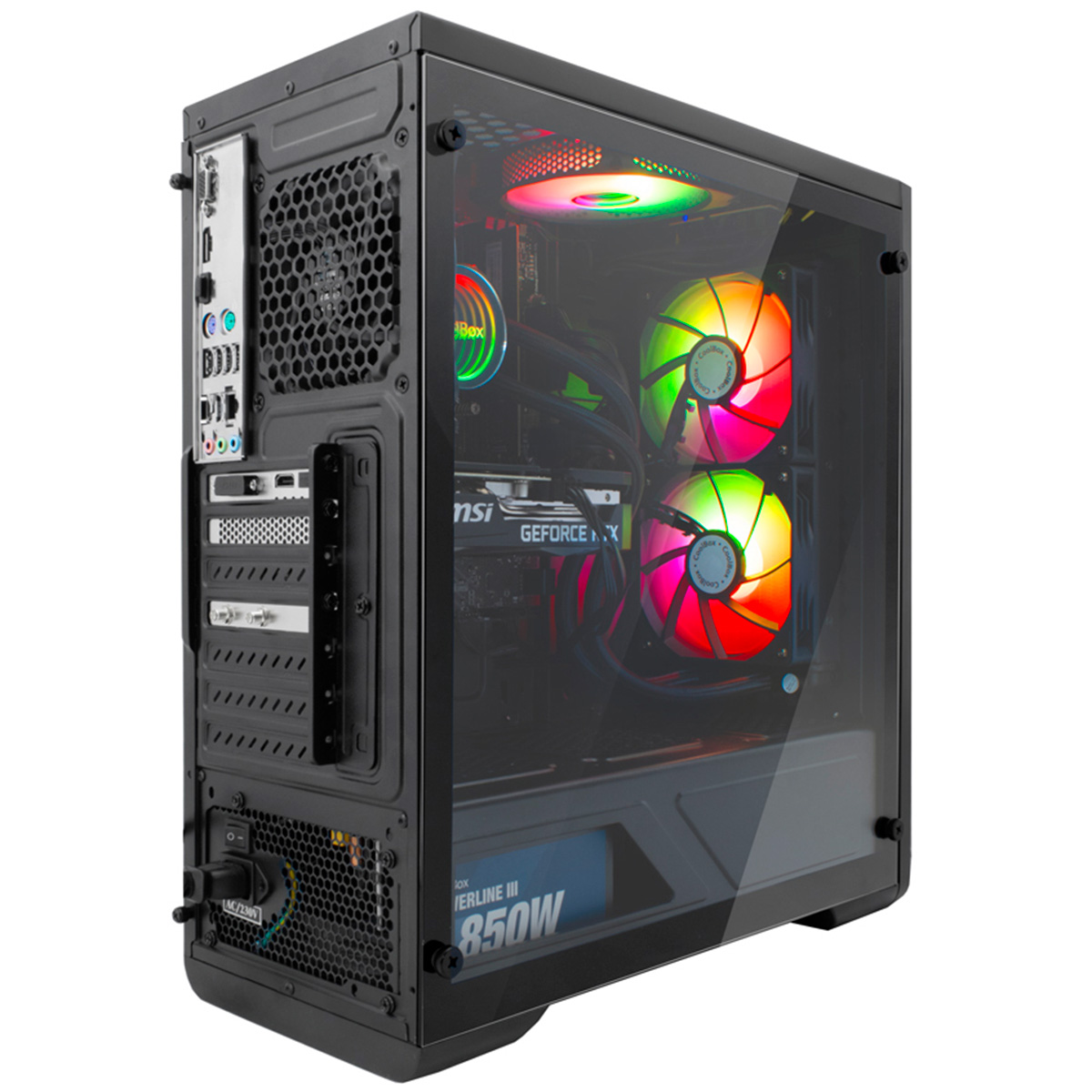 Vista trasera de una caja de PC gaming con componentes visibles, incluyendo fuente y ventiladores.