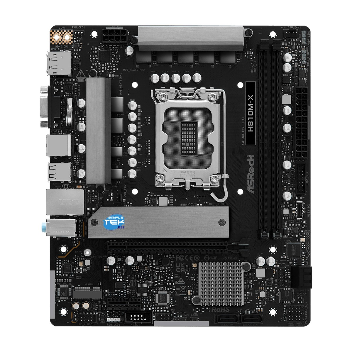 Płyta główna z czarnymi i srebrnymi komponentami. Widoczne logo ASRock i Simple Tek Net. Izolowana na białym tle.