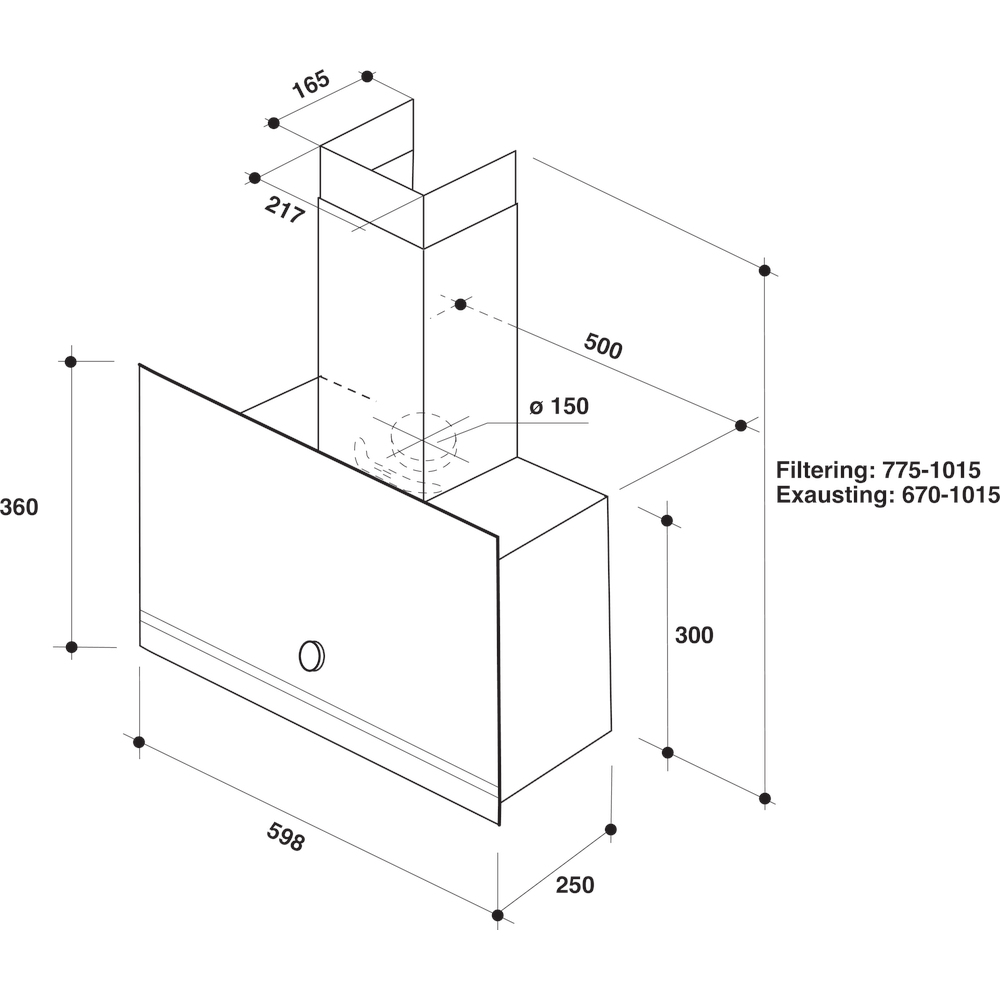 Disegno tecnico di una cappa da cucina con dimensioni e misure in millimetri.