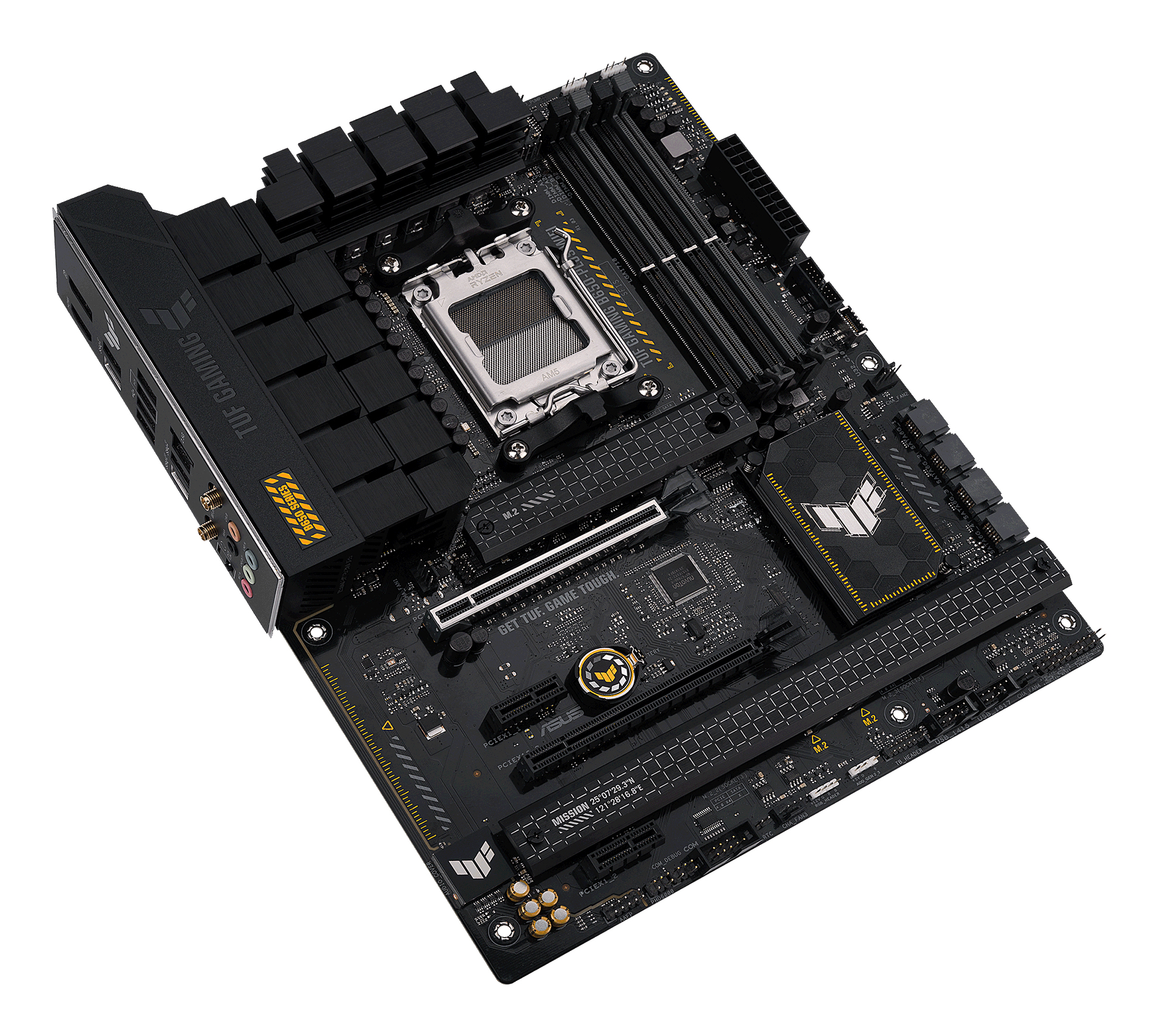 Una scheda madre nera con molti componenti. Le parole 'TUF GAMING' e 'ASUS' sono visibili.