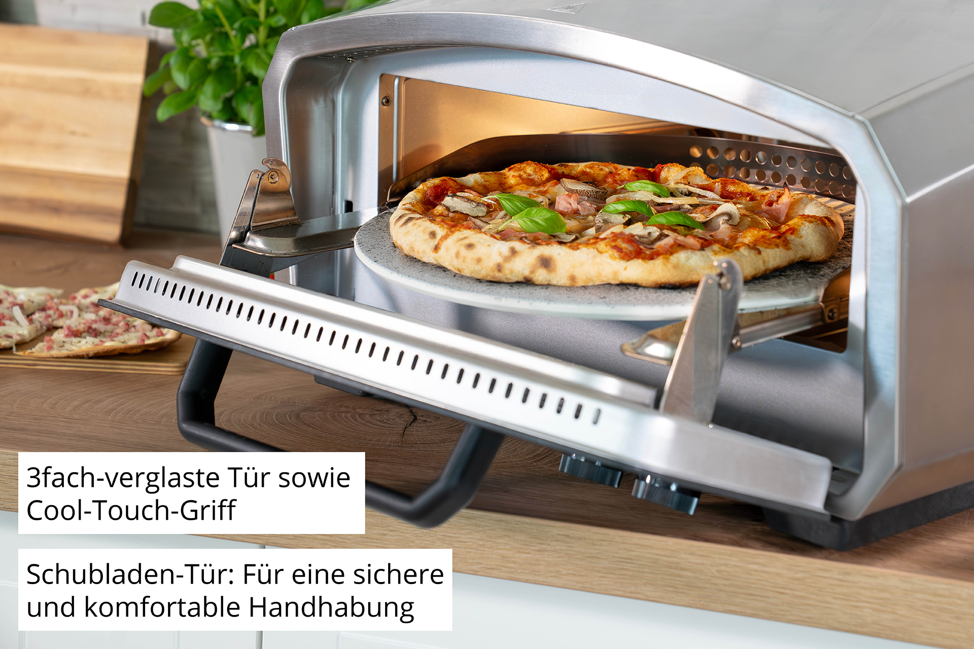 Pizza à l'intérieur d'un petit four. Porte ouverte, base en pierre. Texte en allemand.