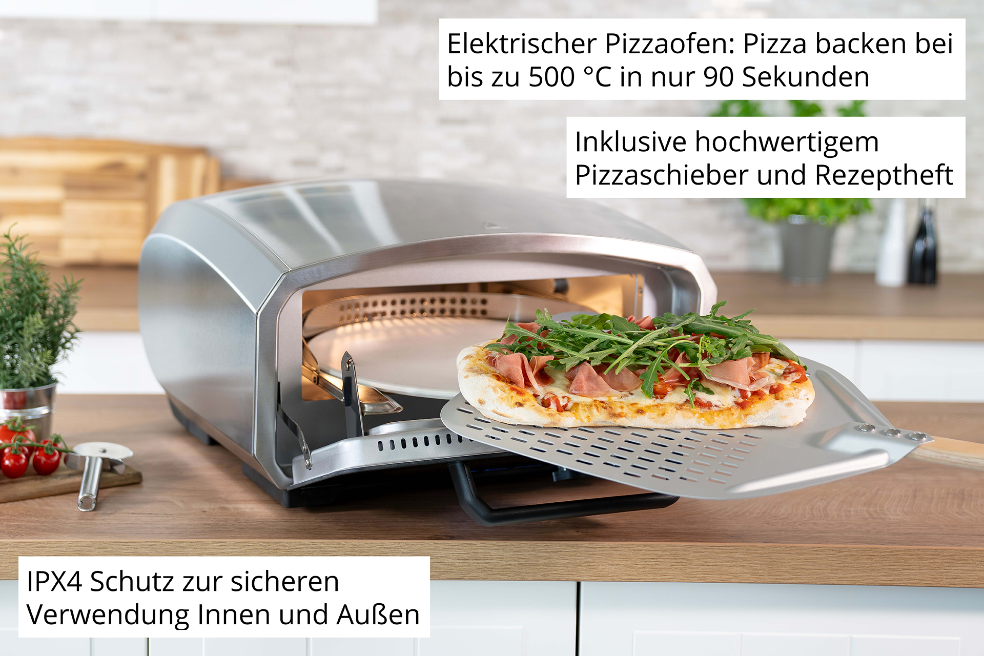 Un four à pizza électrique avec une pizza sur une pelle. Le texte en allemand indique sa fonction et ses caractéristiques.