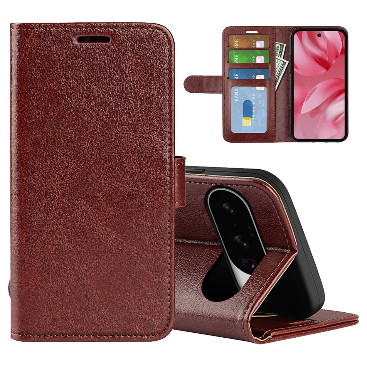 Étui de téléphone en cuir marron avec un design portefeuille. À l'intérieur, des cartes et un téléphone.
