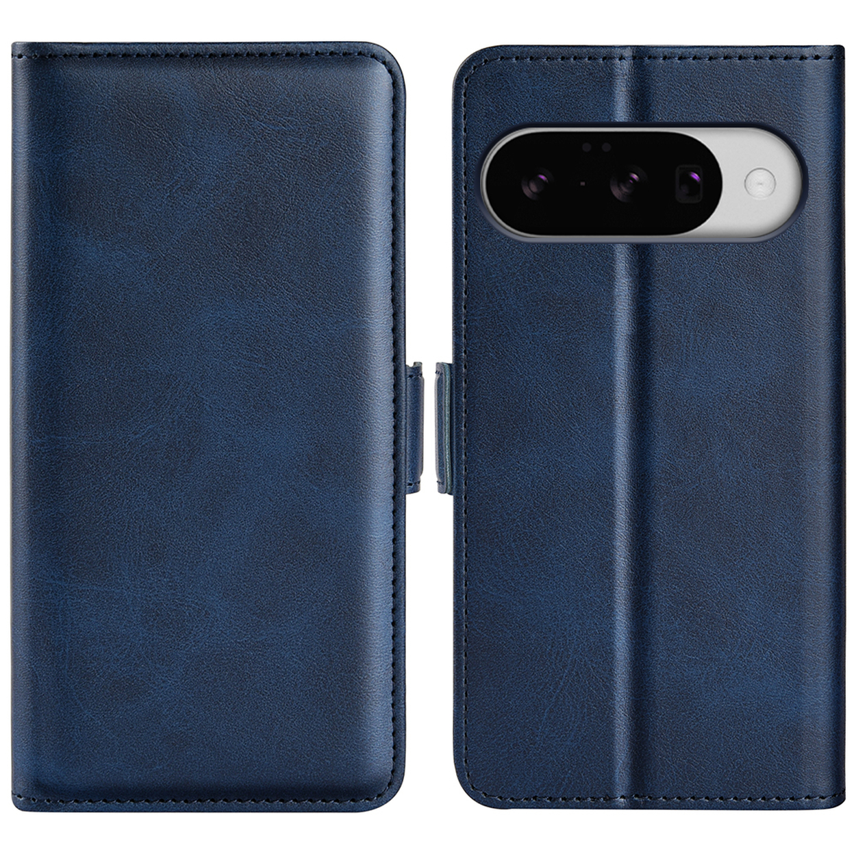 Blauwe leren telefoonhoes, open en dicht. Ontworpen voor een telefoon met camera.