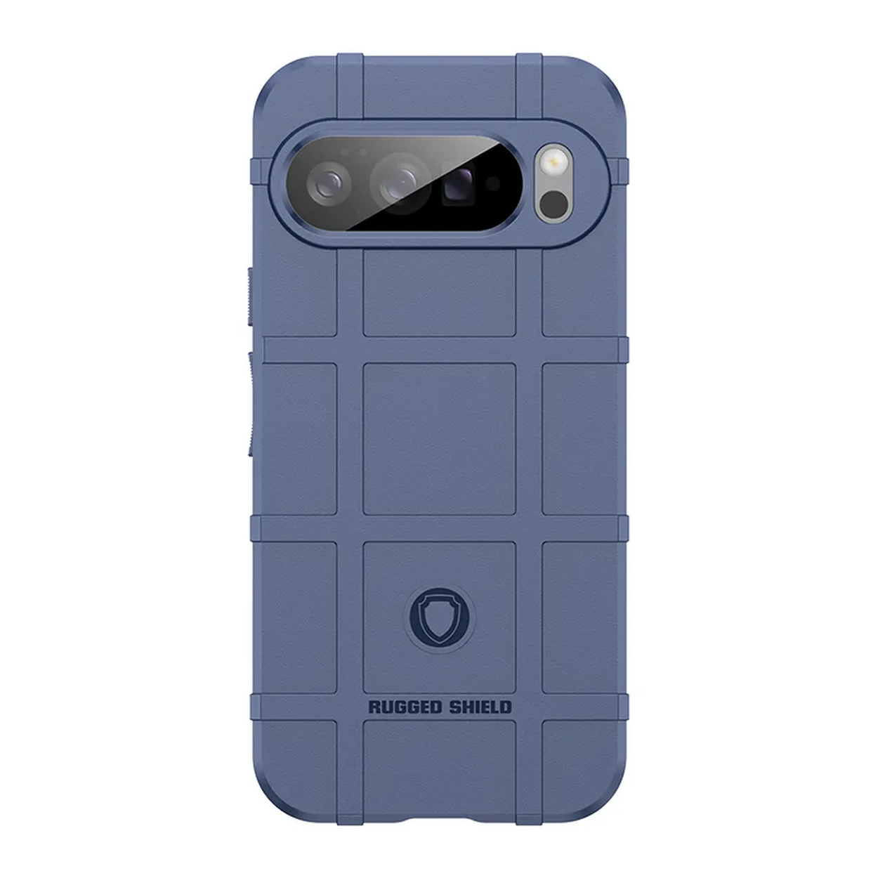 Blauwe telefoonhoes voor een telefoon. Het heeft een gestructureerd, robuust ontwerp.