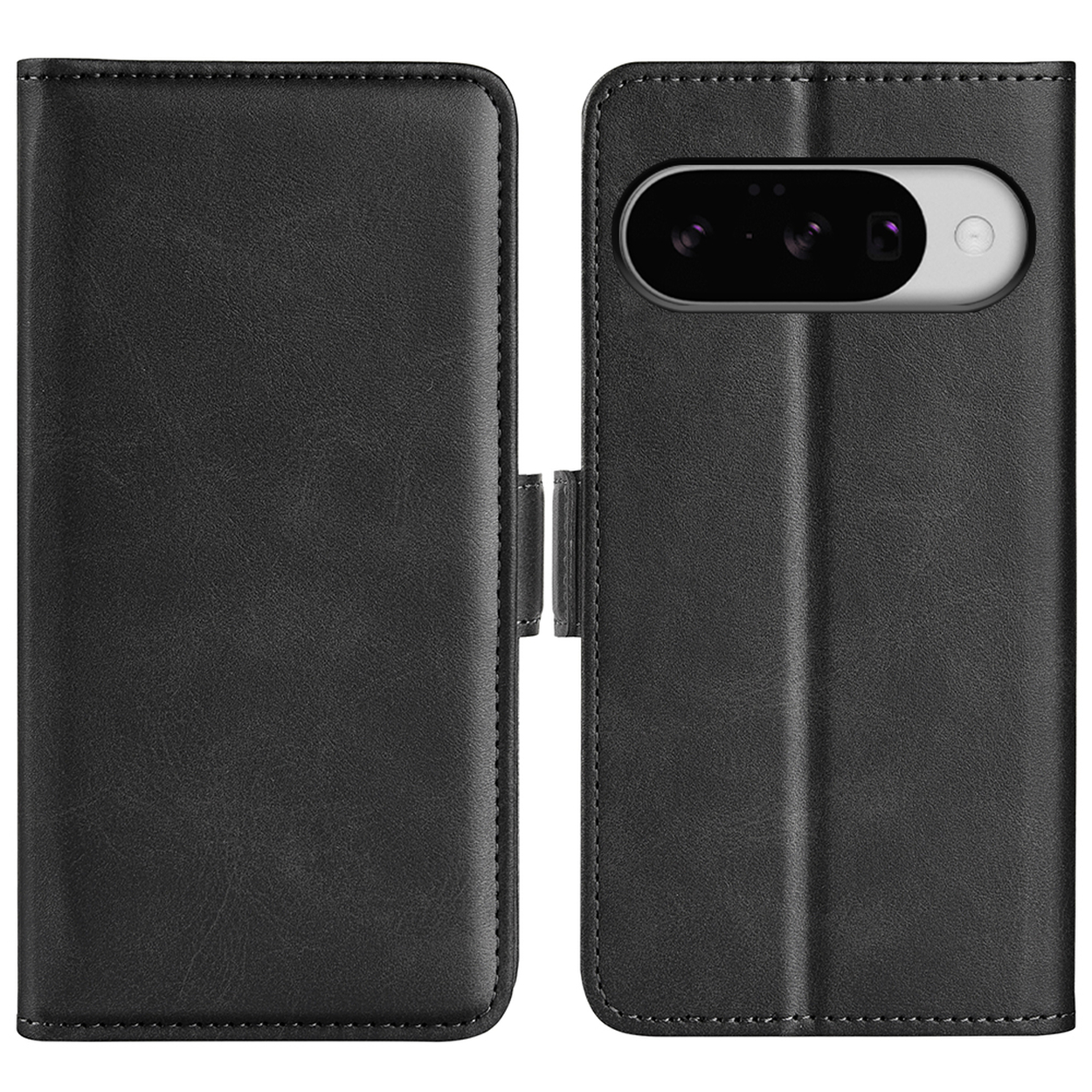 Étui de téléphone en cuir noir, ouvert et fermé. Conçu pour un téléphone avec appareil photo.