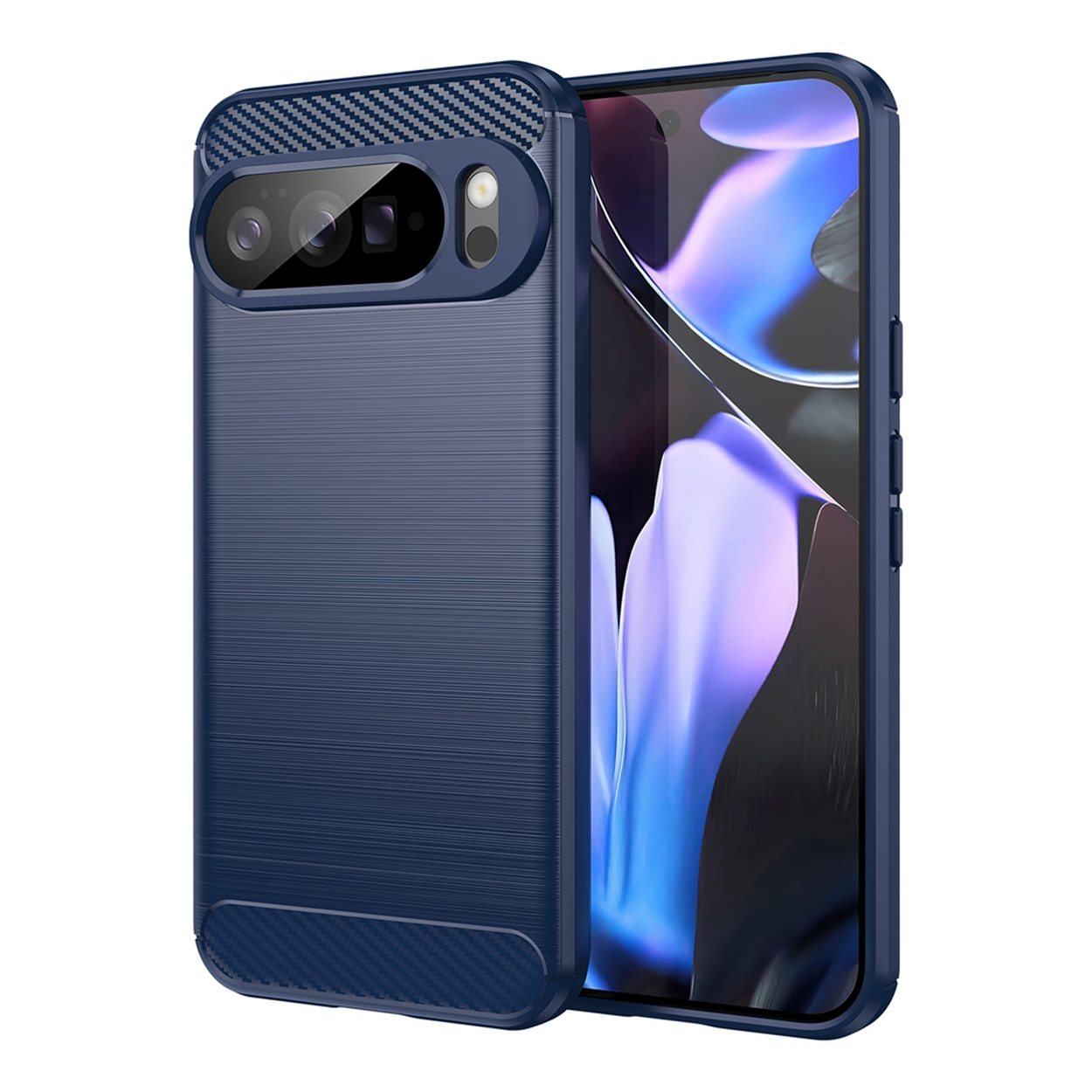 Blauwe telefoonhoes met koolstofvezel accenten. De telefoon zit in de hoes. Schuine weergave, met de camera-uitsparing.
