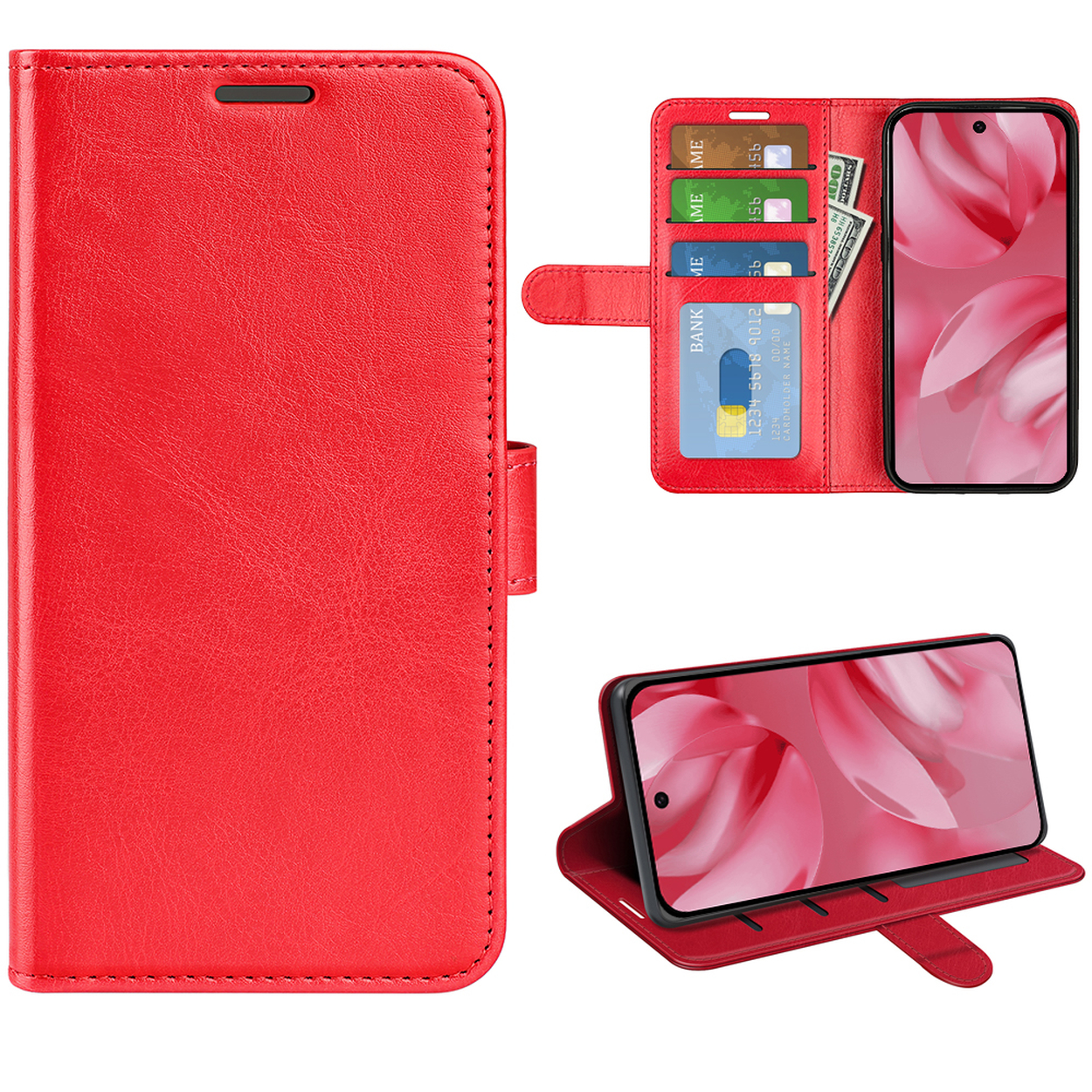 Étui de téléphone en cuir rouge avec un téléphone à l'intérieur. Le téléphone est en position de support. Plusieurs vues.