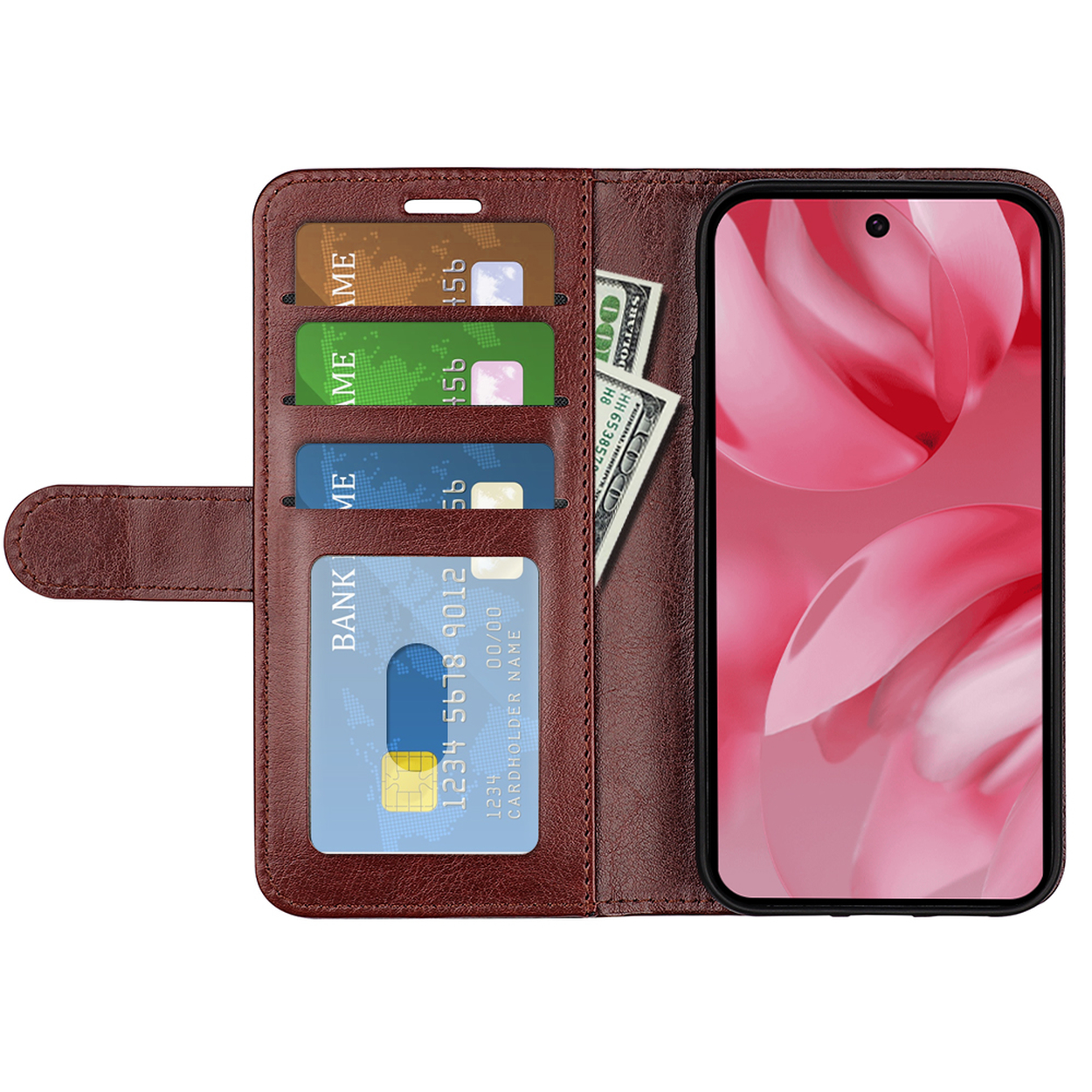 Étui de téléphone en cuir marron avec cartes et espèces à l'intérieur. Téléphone avec fond rose. Plusieurs cartes visibles.