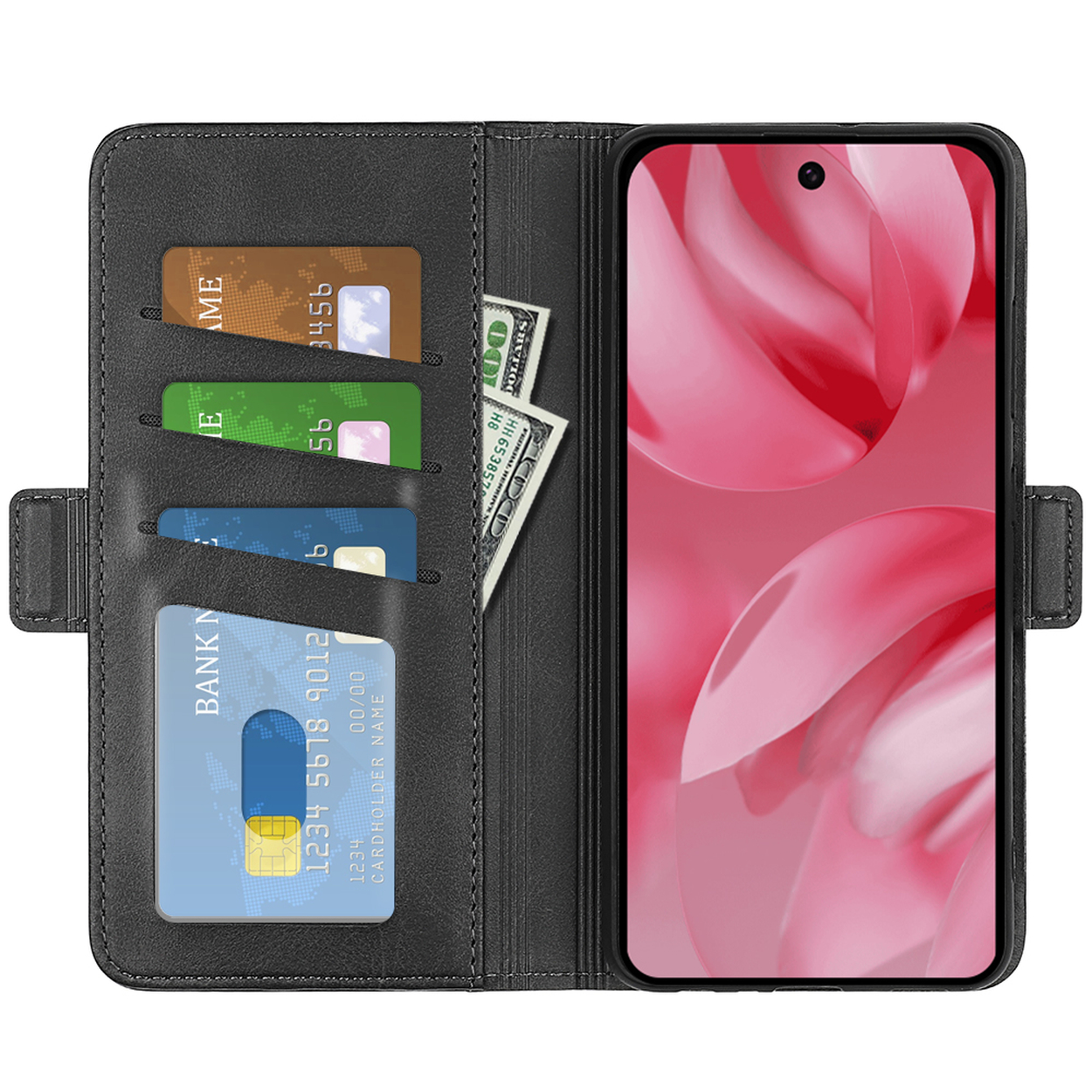 Étui de téléphone en cuir noir, ouvert avec cartes et argent visibles. Un téléphone à l'intérieur.