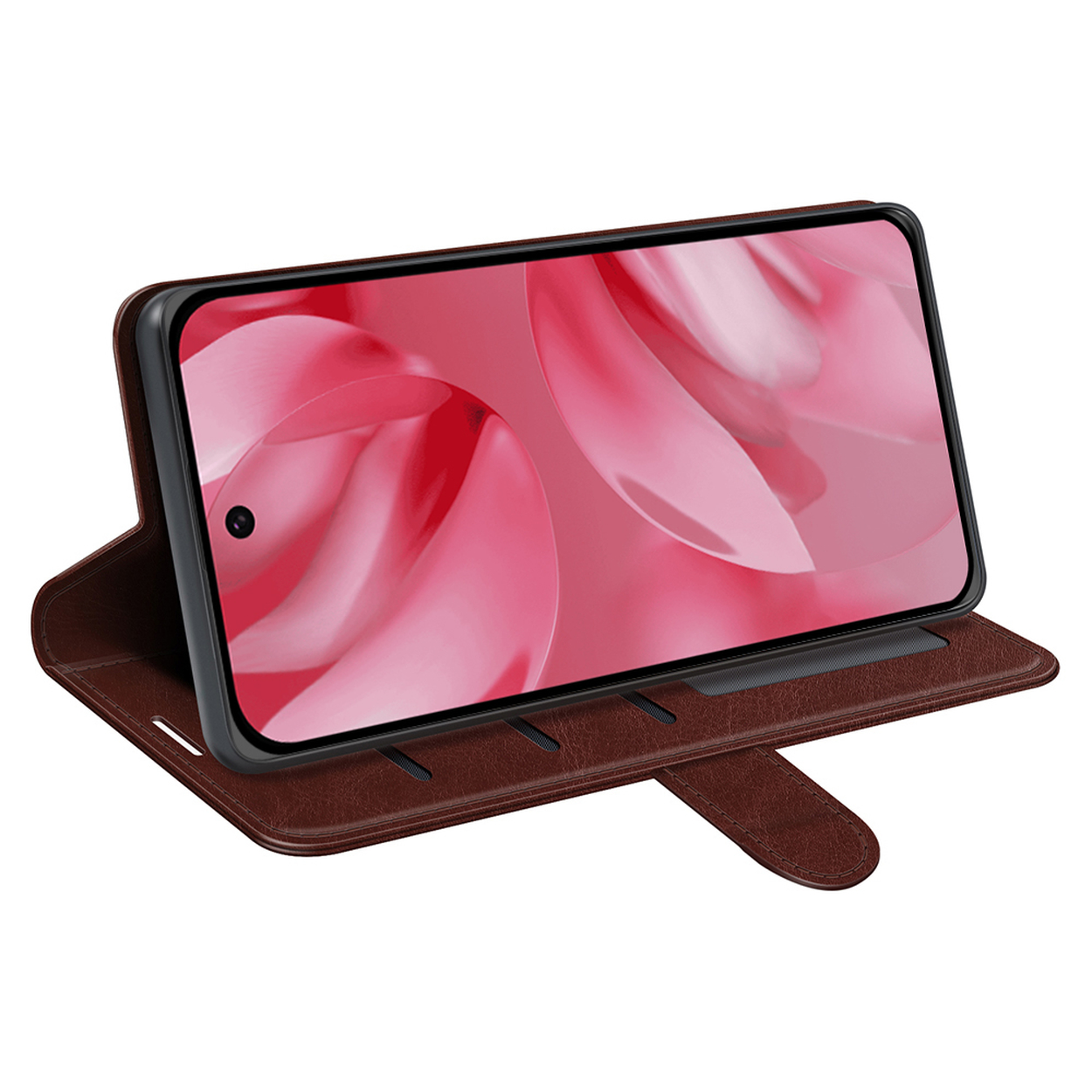 Un étui de téléphone marron avec un téléphone à l'intérieur. L'écran du téléphone affiche un motif floral rose. L'étui est ouvert.