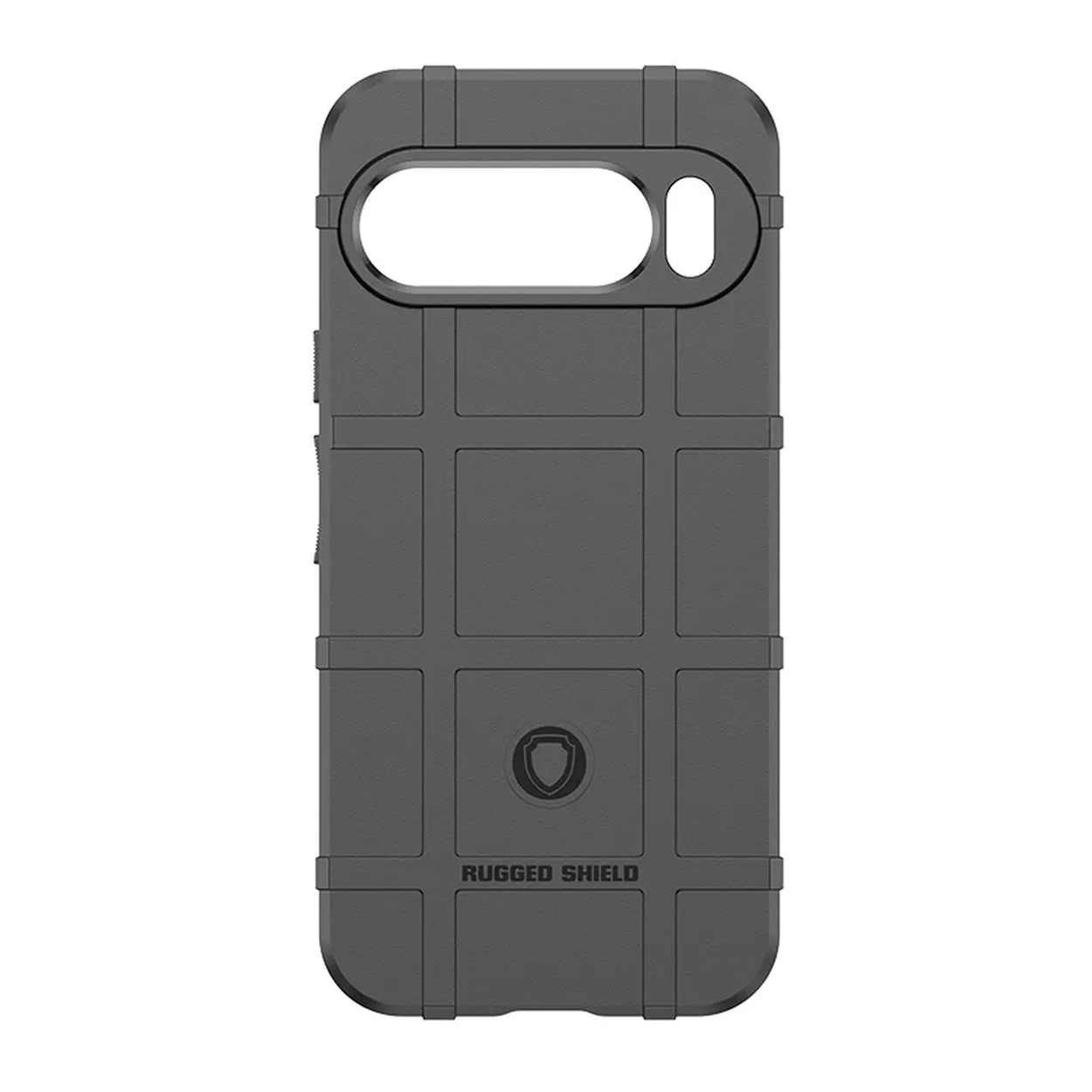 Coque de téléphone gris foncé avec un motif robuste. L'arrière du téléphone est visible.