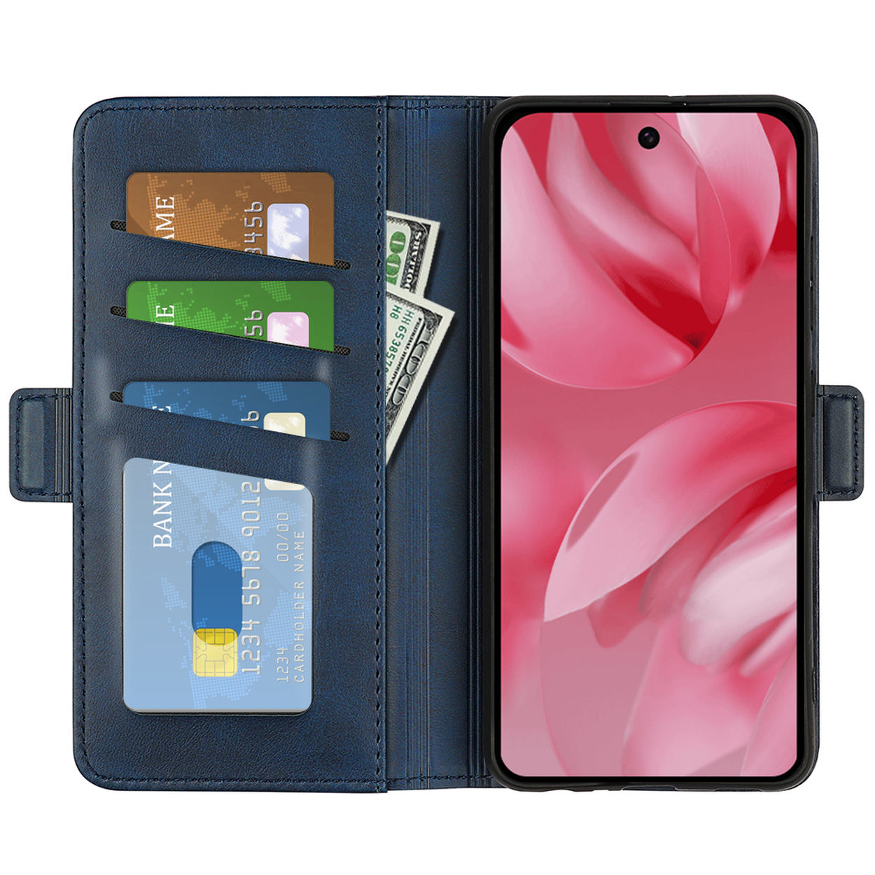 Blauwe leren telefoonhoes met kaarten en geld. Een telefoon is zichtbaar in de hoes.
