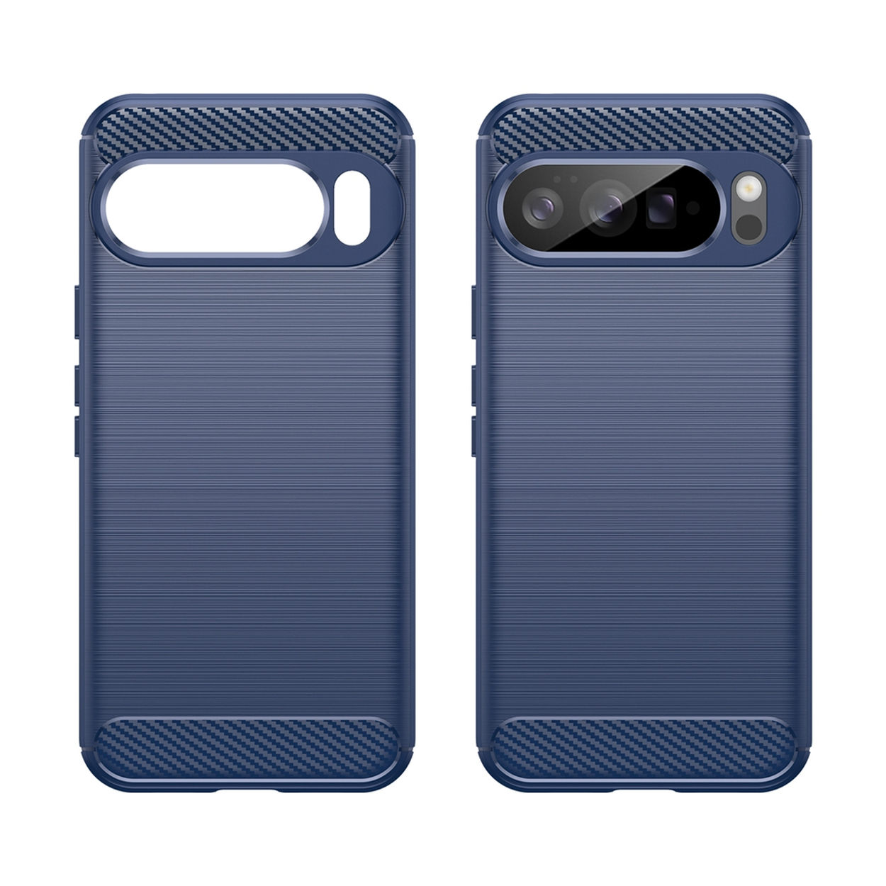 Twee blauwe telefoonhoesjes naast elkaar. Eén heeft een uitsparing voor de camera en de andere is de voorkant. Koolstofvezel details.