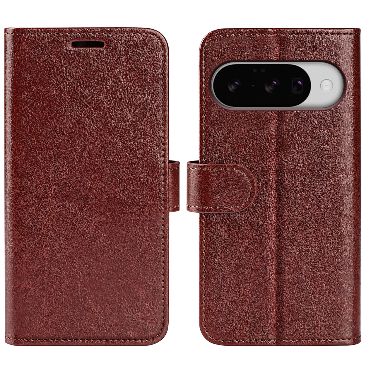 Étui de téléphone en cuir marron, ouvert et fermé. Le téléphone avec l'appareil photo est visible lorsqu'il est fermé. Fermeture magnétique.