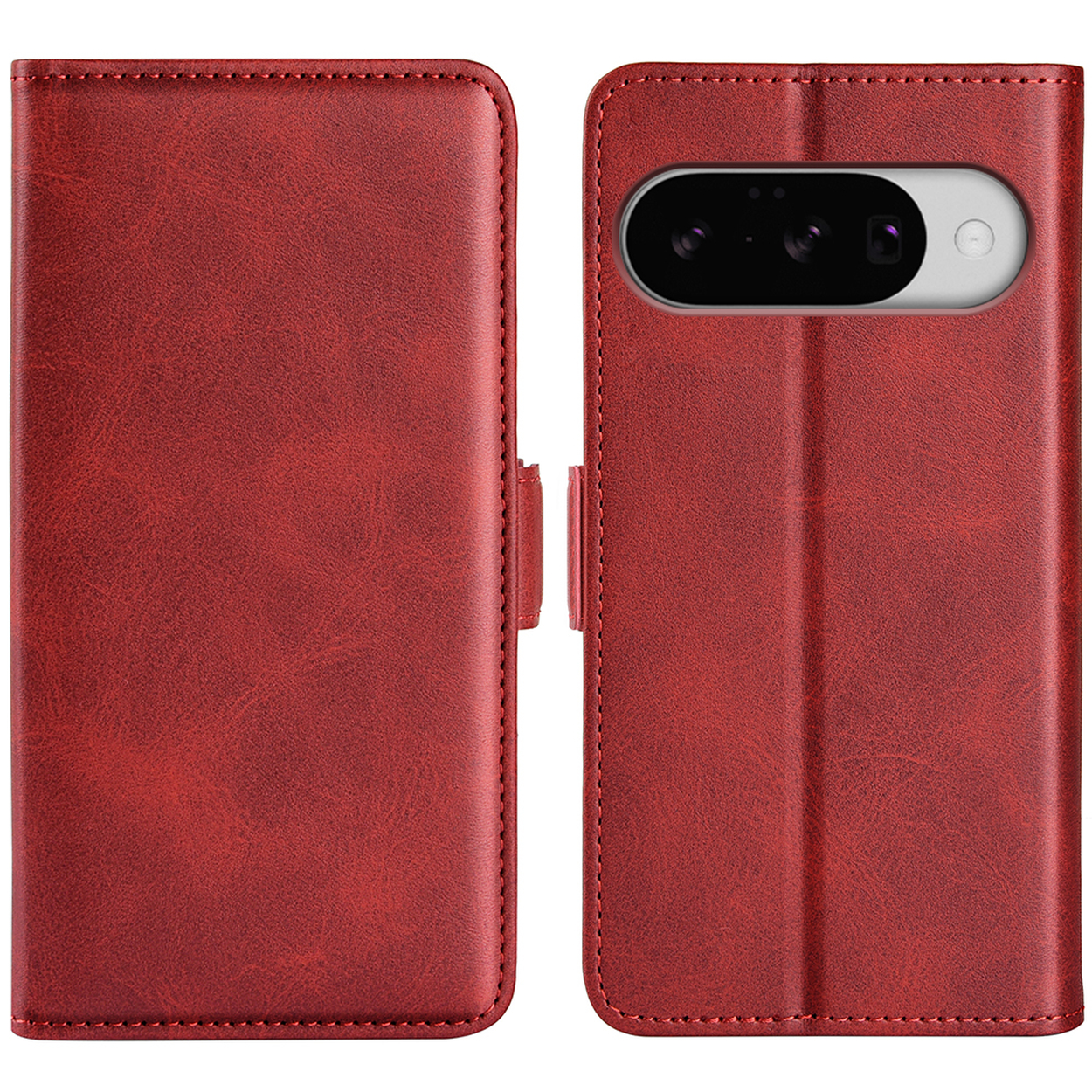 Étui portefeuille rouge fermé. Montre le téléphone, et le portefeuille est fermé.