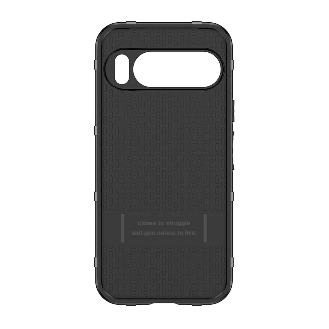 Coque de téléphone noire avec design texturé, découpe pour appareil photo. Texte: cesse de lutter et cesse de vivre.