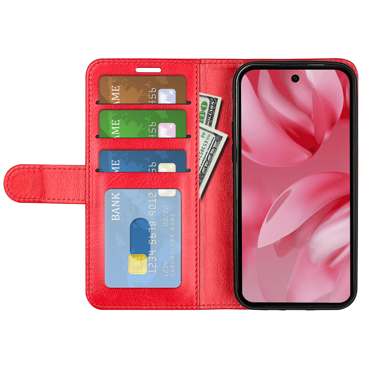 Étui de téléphone rouge ouvert. Cartes et argent visibles. Un téléphone à droite.