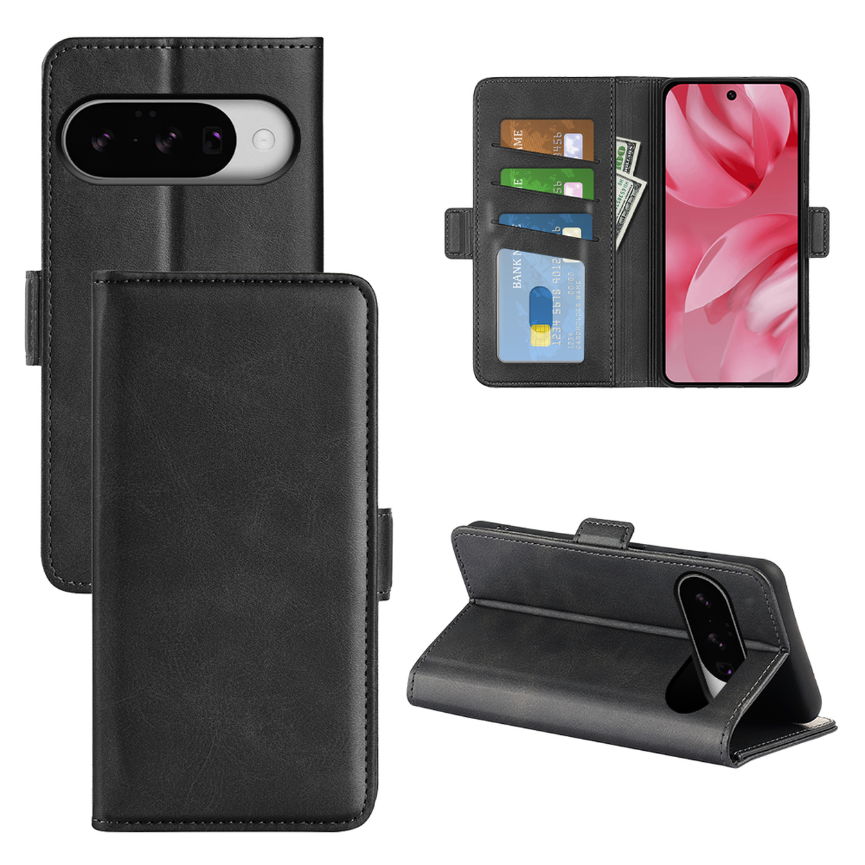 Étui de téléphone en cuir noir avec téléphone à l'intérieur. Plusieurs vues de l'étui. Le téléphone a une caméra. Fermé et ouvert.