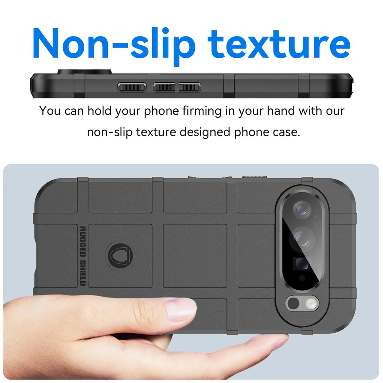Coque de téléphone grise avec motif texturé, tenue par une main, avec une coque au-dessus.