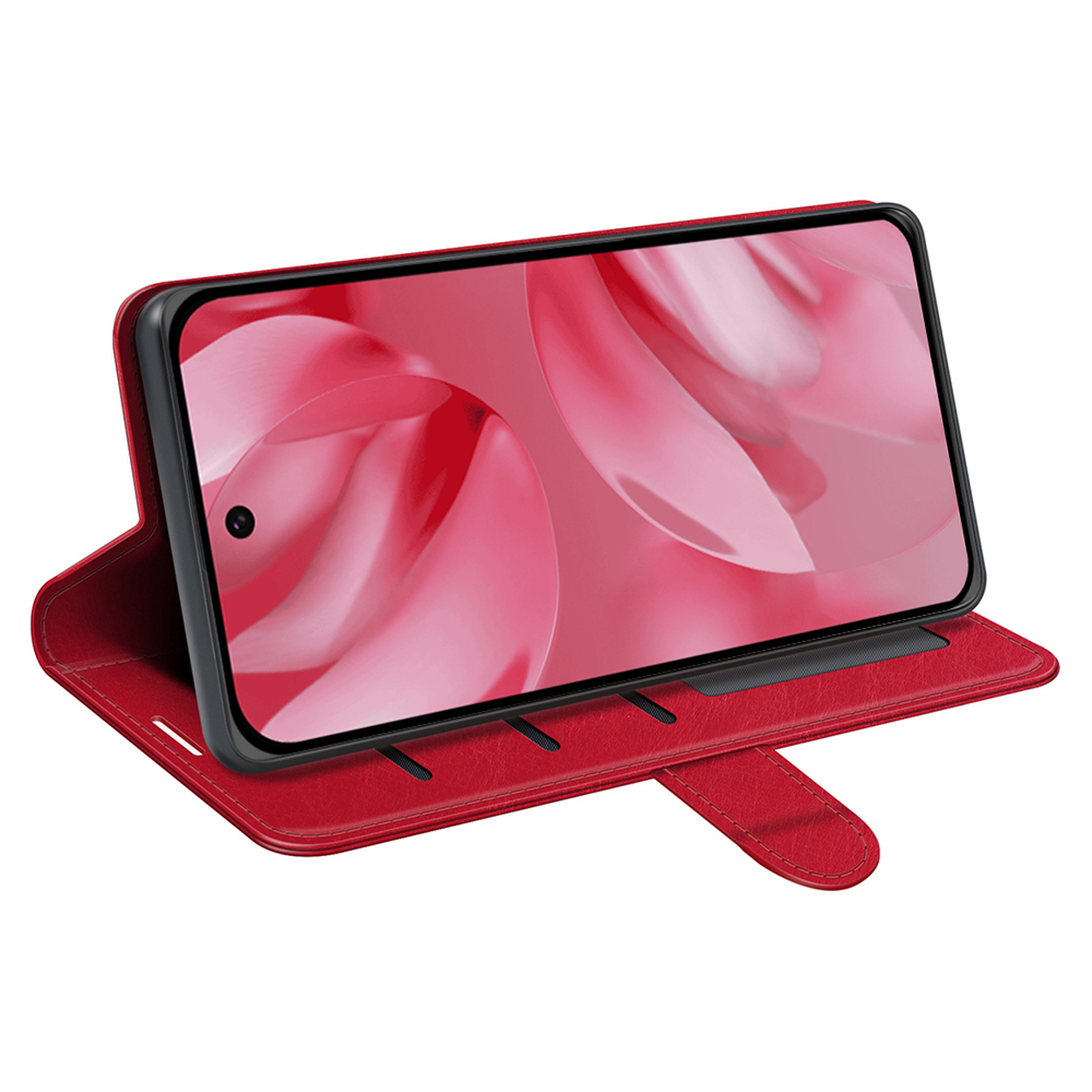 Étui portefeuille rouge ouvert, montrant un téléphone avec un fond rose. Le téléphone est noir.