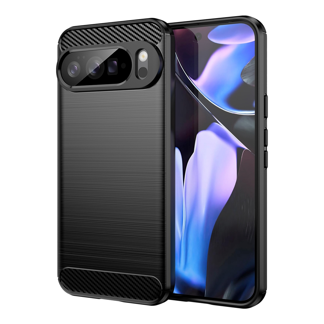 Coque de téléphone noire avec un design texturé, sur fond uni, avec une découpe pour la caméra.
