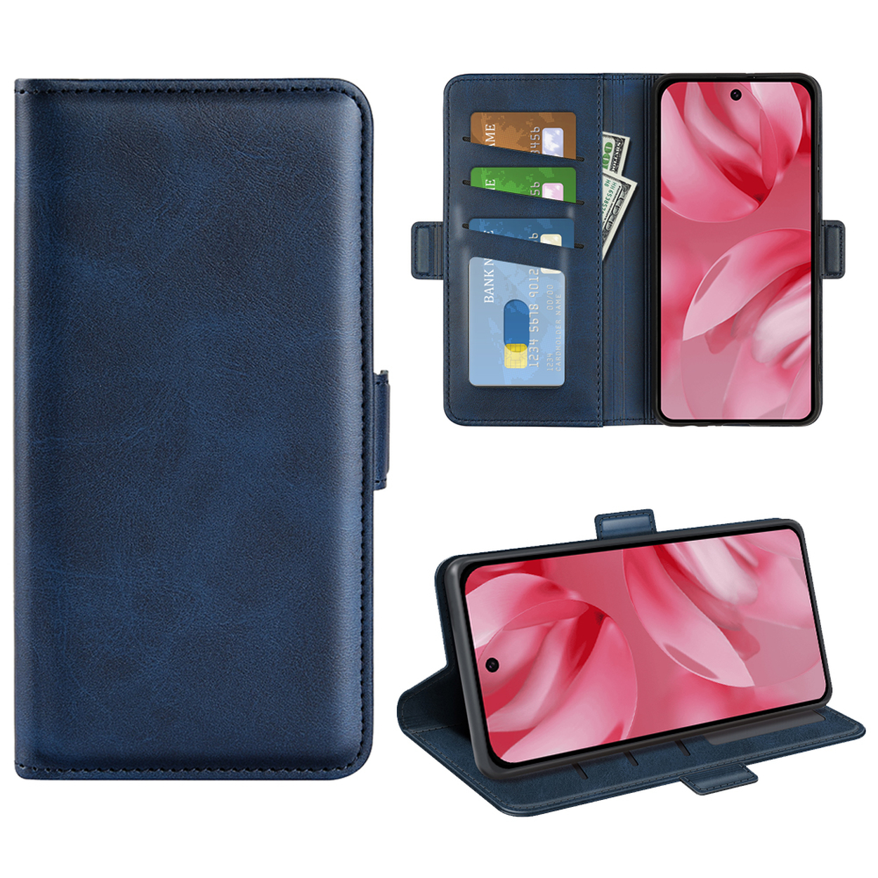 Blauwe telefoonhoes-portemonnee open, met een telefoon met een roze achtergrond.