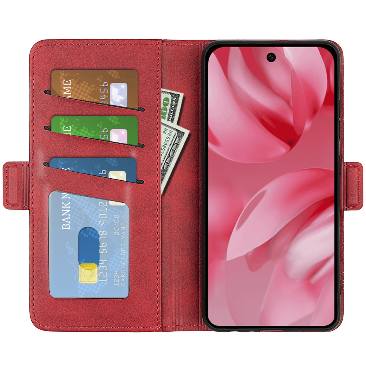 Étui de téléphone rouge ouvert, montrant un téléphone avec un écran floral rose. Il a des fentes pour cartes et espèces.