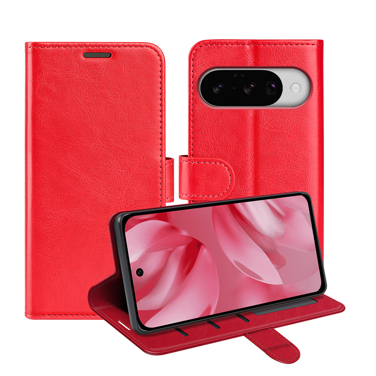 Étui portefeuille rouge ouvert, montrant un téléphone avec un fond rose.