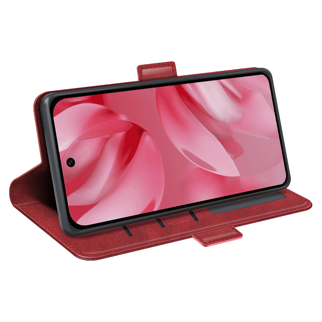 Étui portefeuille rouge ouvert, montrant un téléphone avec un fond rose.