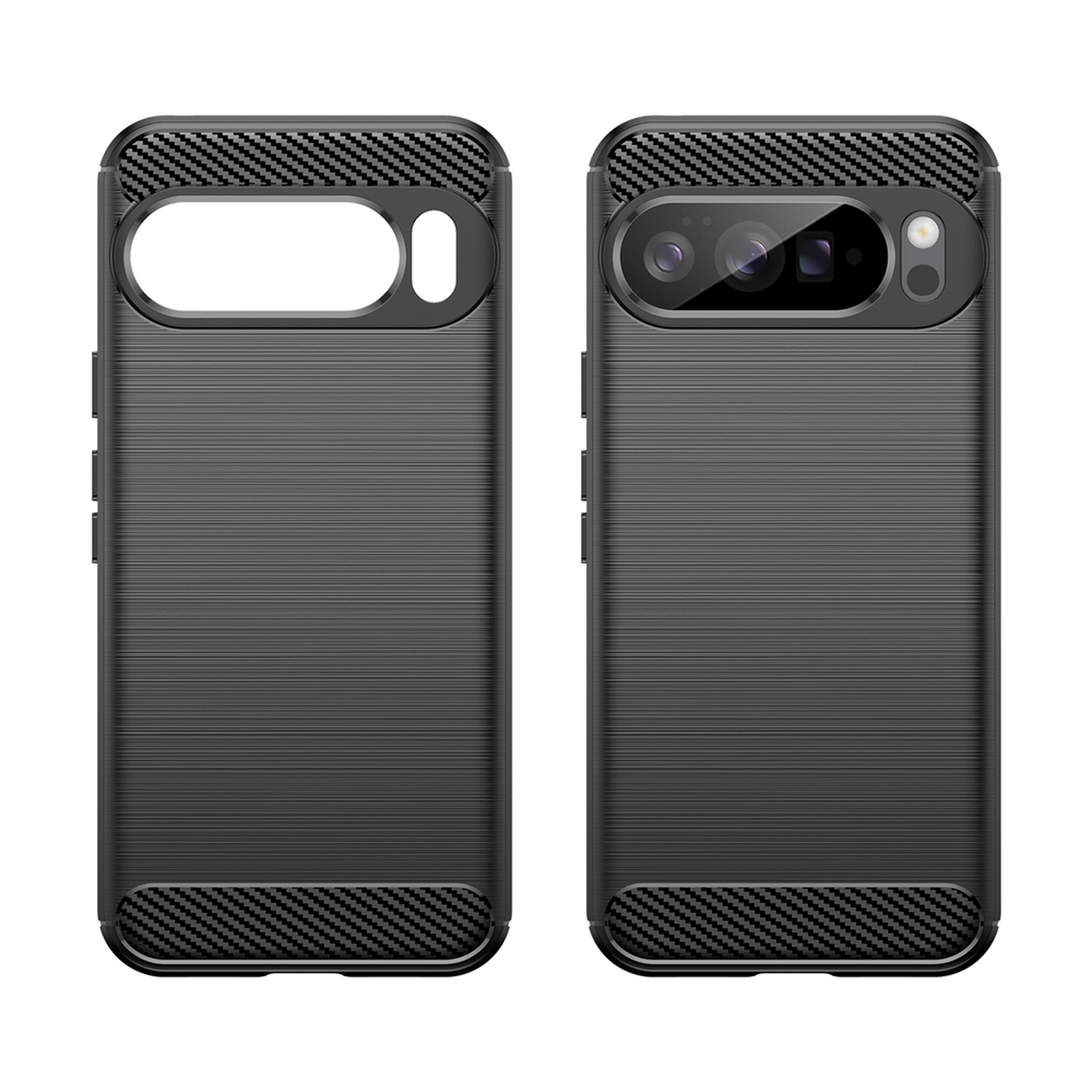 Deux coques de téléphone noires. L'une a un trou ouvert pour la caméra, l'autre un objectif.