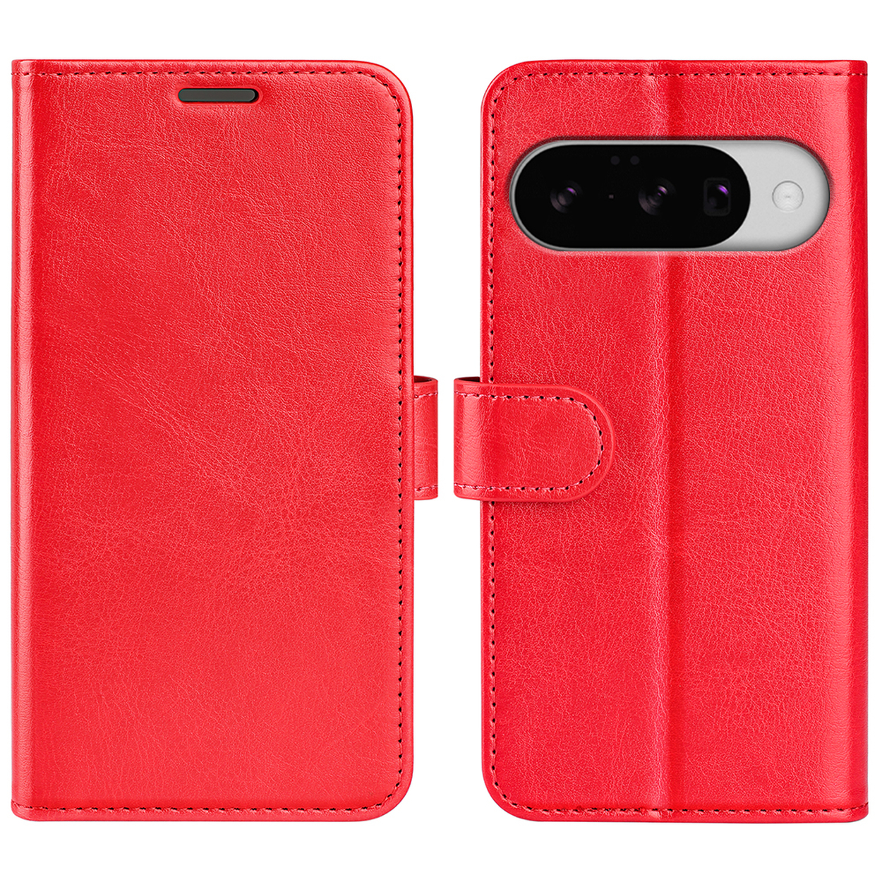 Coque de téléphone rouge en deux parties, ouverte et fermée. Elle est en matière simili cuir.