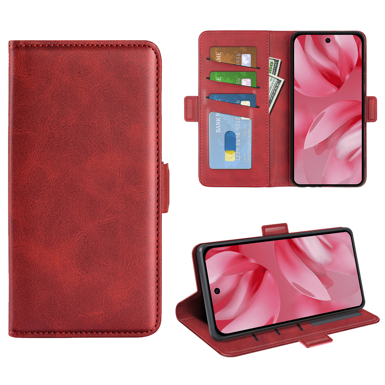 Étui de téléphone rouge avec téléphone, cartes de crédit et argent. Peut être plié dans différentes positions.