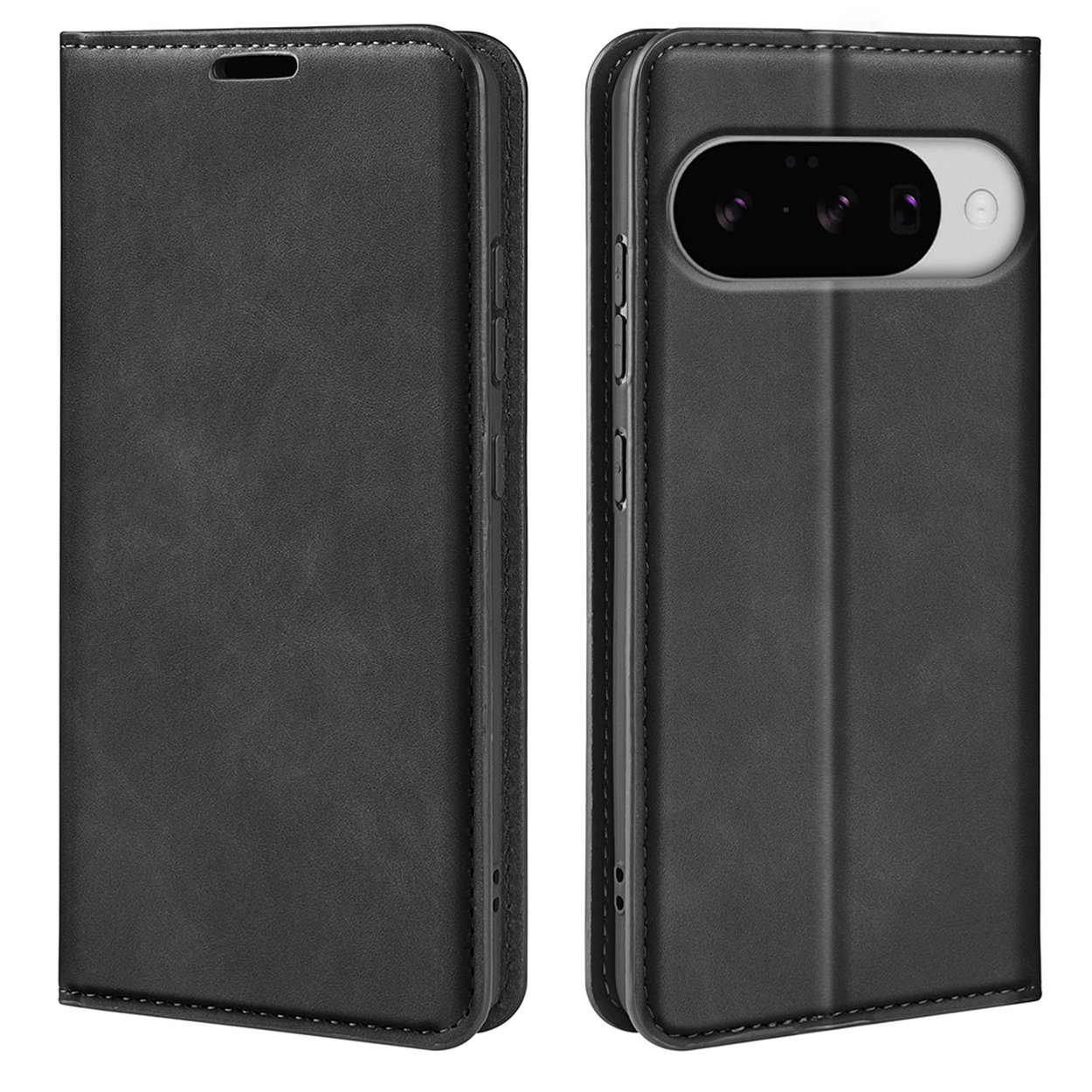 Coque de téléphone noire en deux parties, ouverte et fermée. Elle est en matière simili cuir.