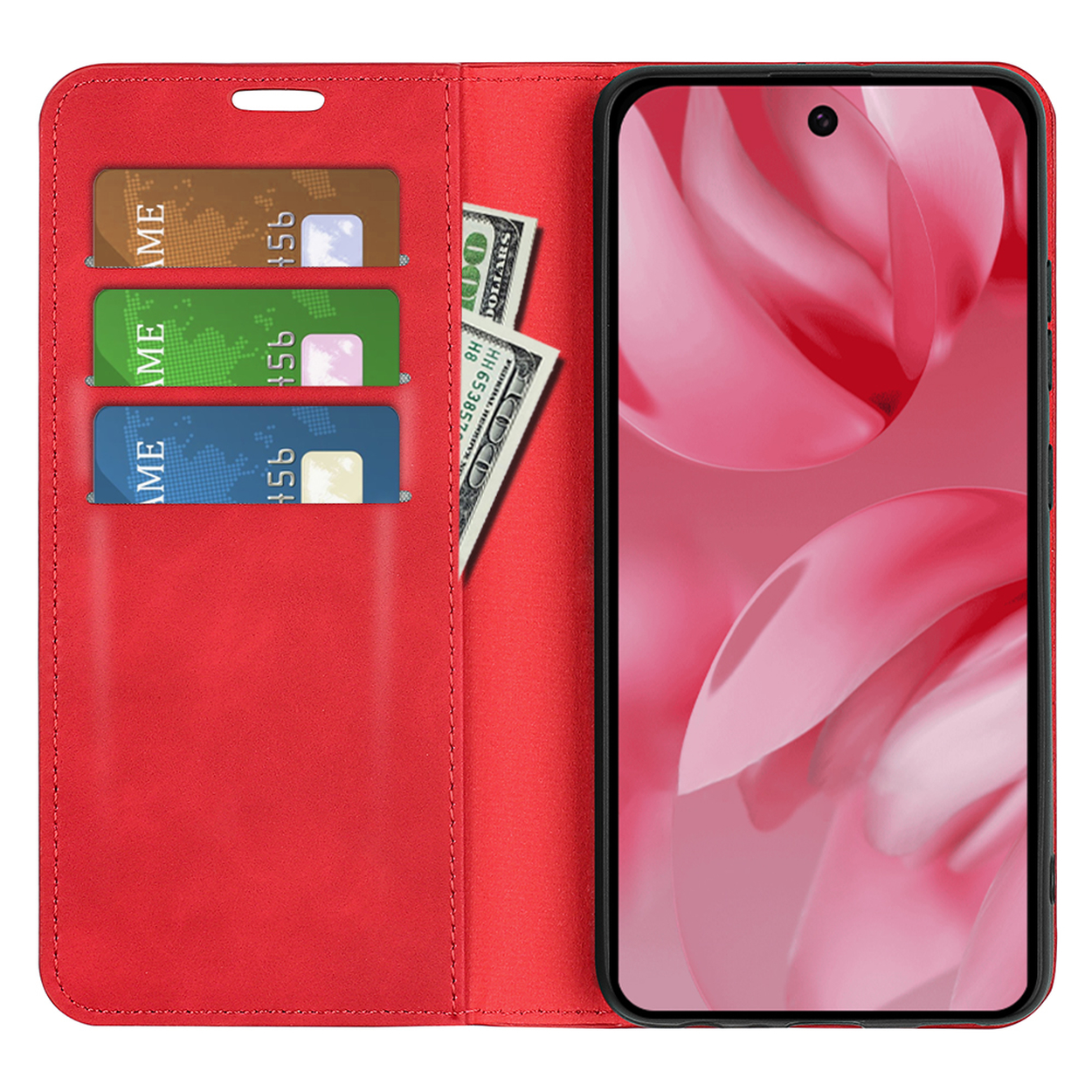 Rode telefoonhoes met telefoon, creditcards en contant geld. De telefoon staat rechts.