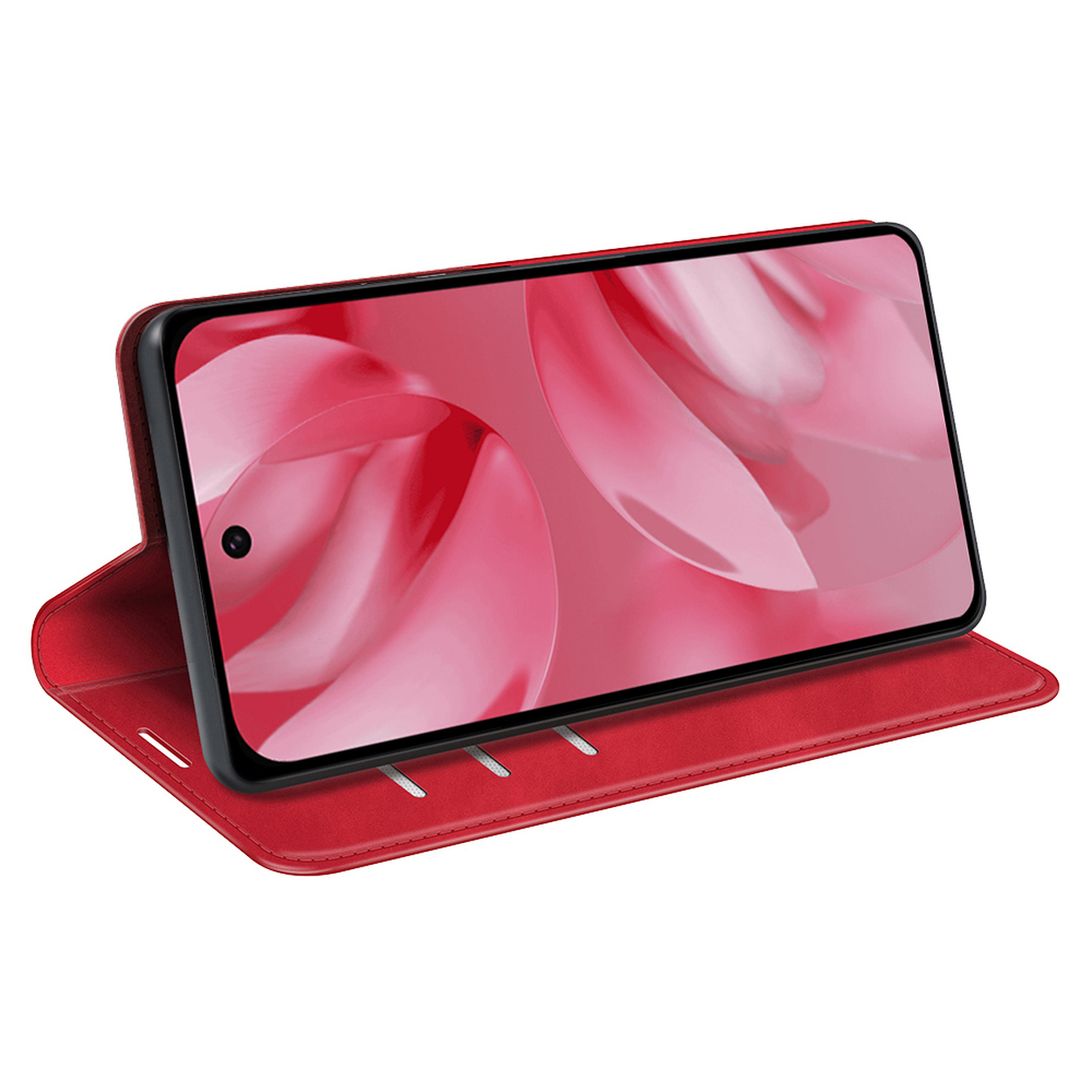 Een rode telefoonhoes met een telefoon die een roze en witte afbeelding weergeeft.